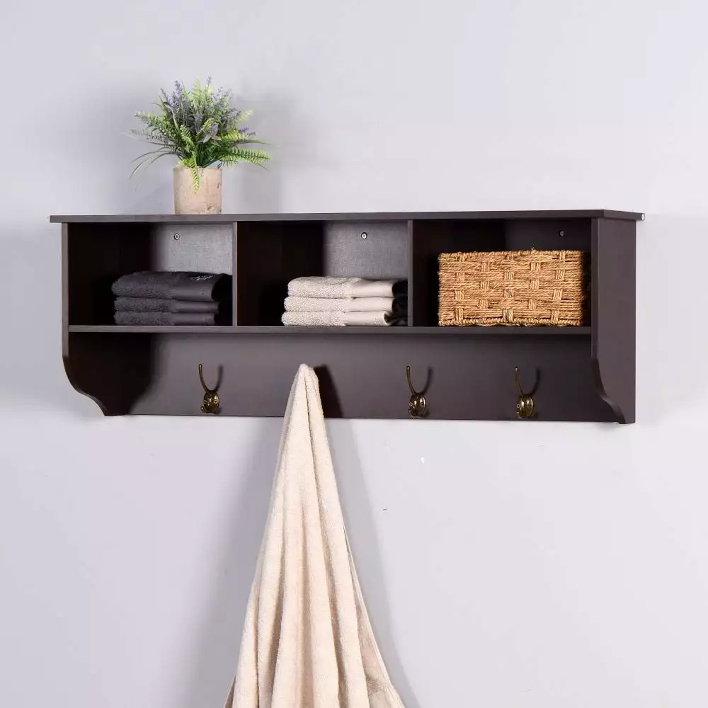 Abrihome Espresso Entryway Wall Mounted Coat Rack with 4 Dual Hooks Living Room Wooden Storage Shelf.Espresso