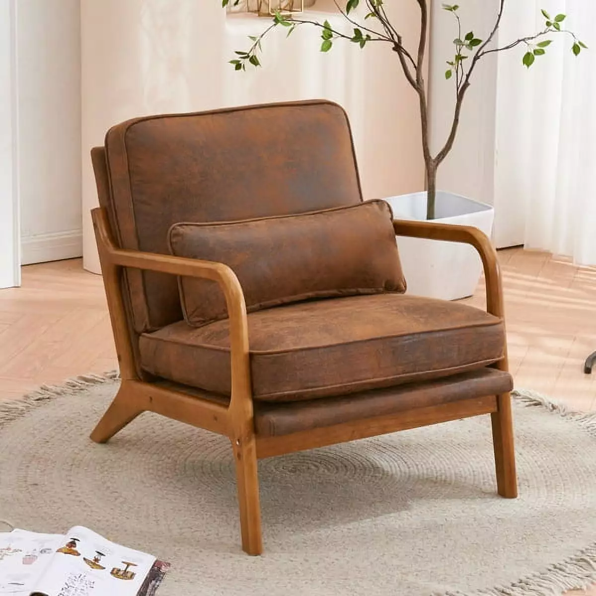 Accent Chairs. Single Bronzing Cloth Lounge Reading Armchair with Solid Wood Frame. Mid Century Modern Arm Chairs for Living Room. Bedroom-Brown