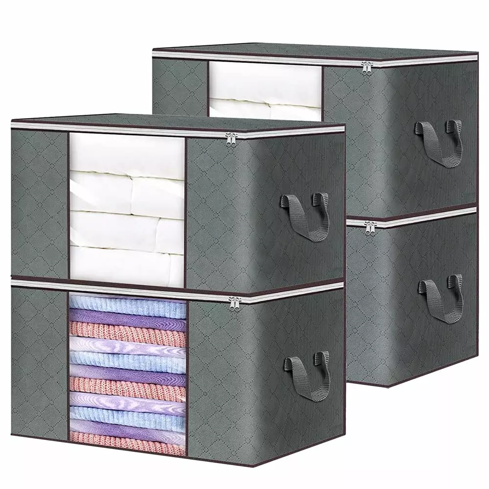 Aceur Foldable Clothes Storage Bag. 4 Pack 90L Large Blankets Storage Bags. Quilts Storage Containers with Thick Fabric. Sturdy Zipper. Reinforced Handles. Clear Window.Gray