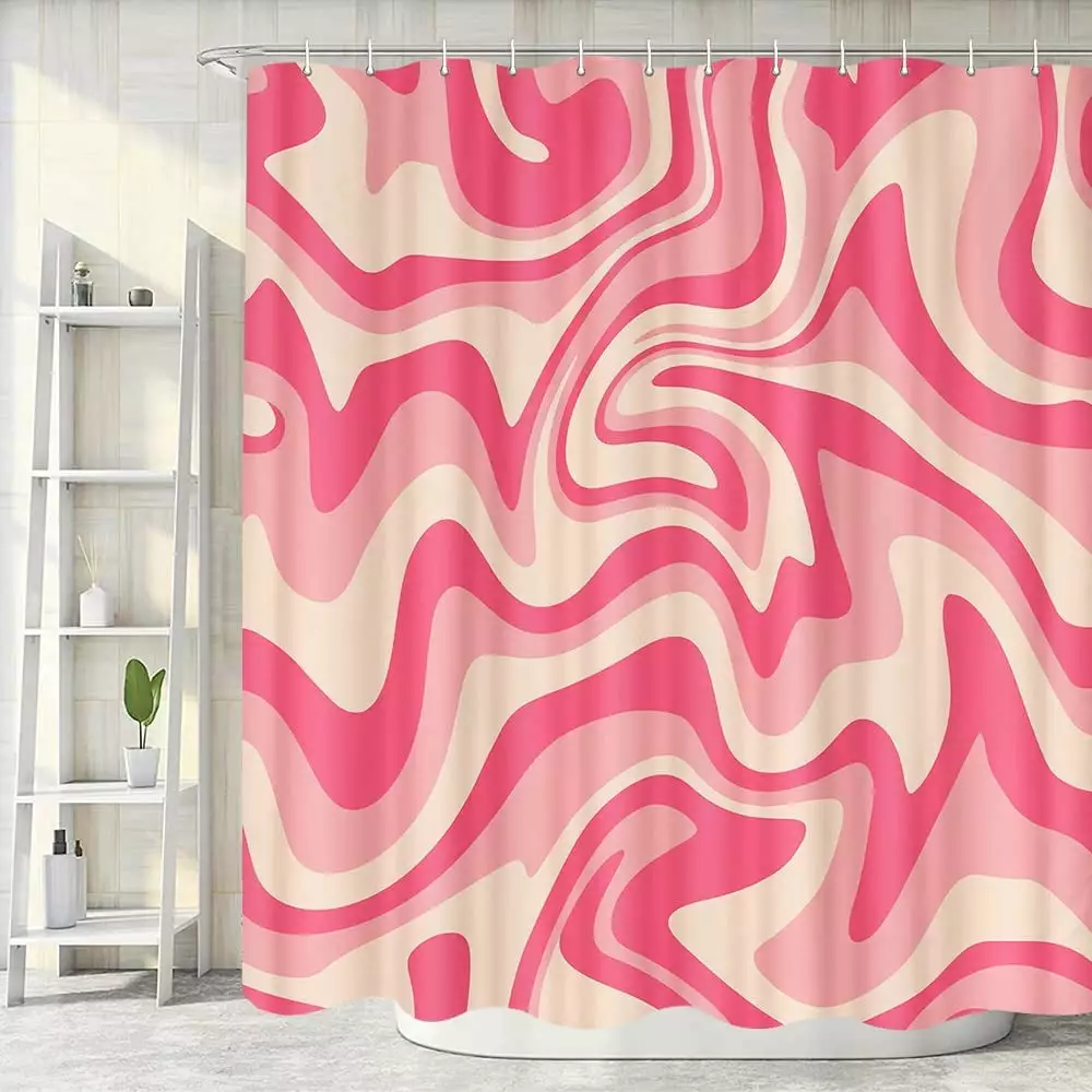 Aesthetic 70S Abstract Wavy Swirl Shower Curtain. Cute Pink Beige Bath Curtain. Aesthetic Retro Minimal Bathroom Accessories Groovy Teen Girls for Bathroom Curtain Liner Set with Hooks. 72x72IN