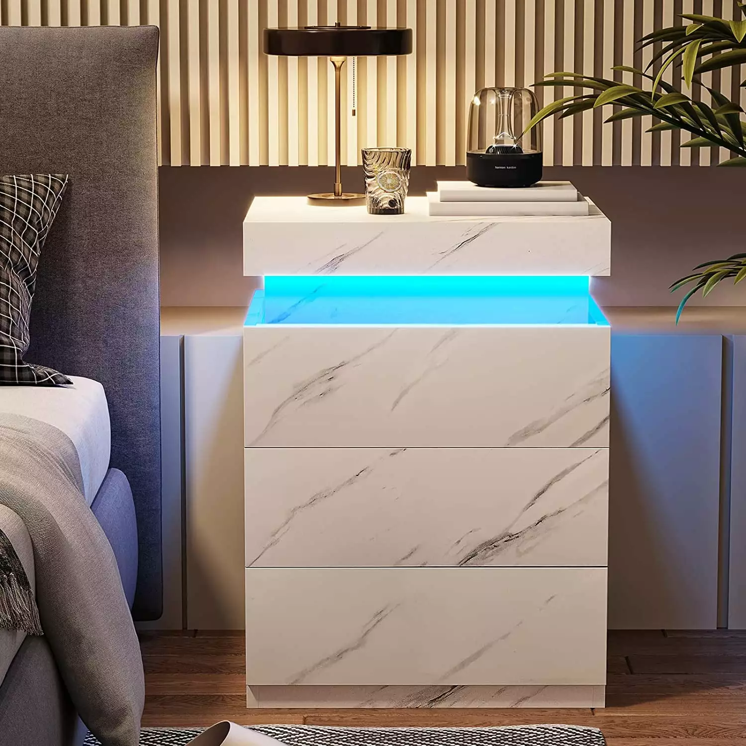 Afuhokles LED Nightstand with Charging Station.Night Stand with Sliding Top for Bedroom.Bedside Table with Drawers. White Marble