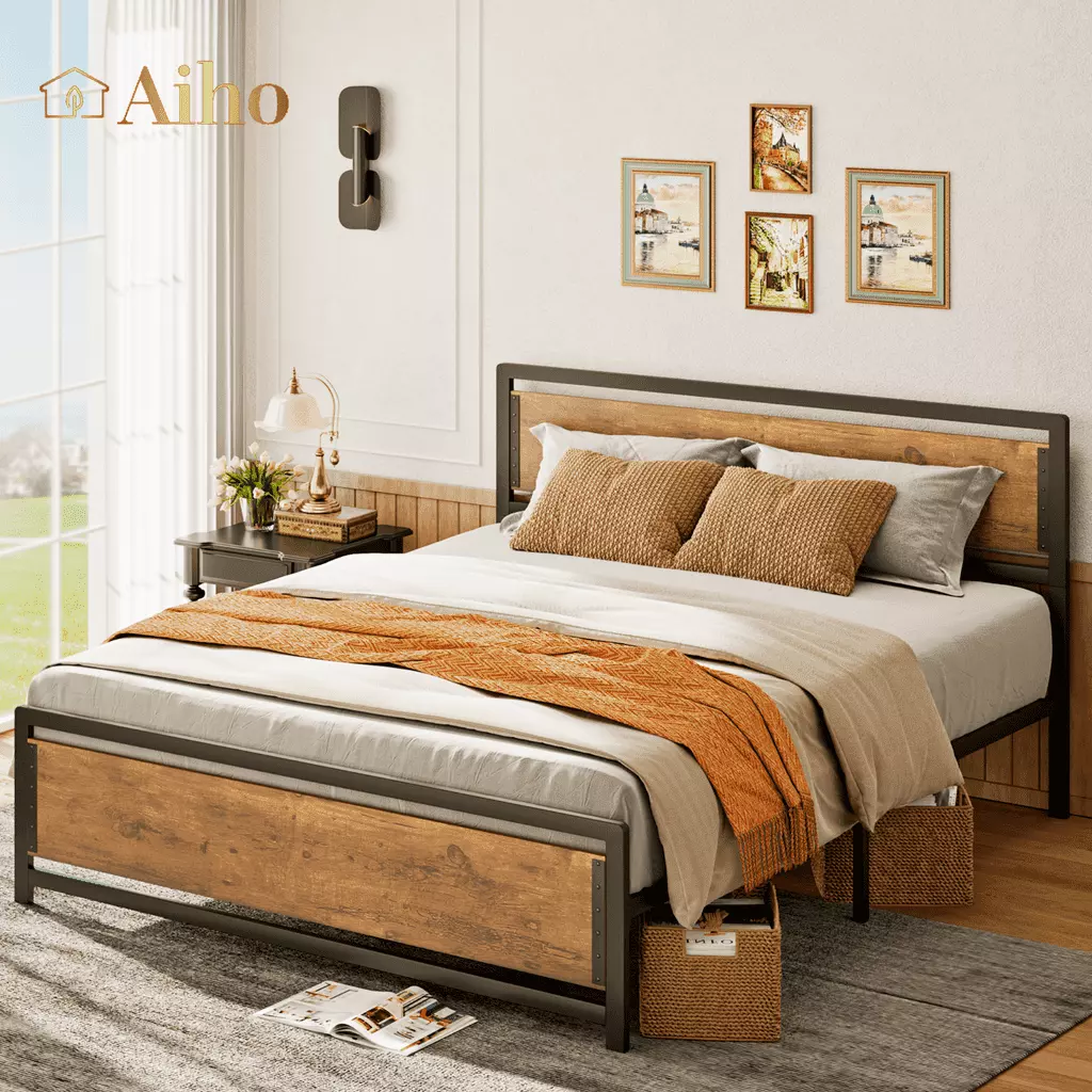 Aiho Queen Size Metal Platform Bed Frame with Square Frame Wooden Headboard&Footboard .Brown