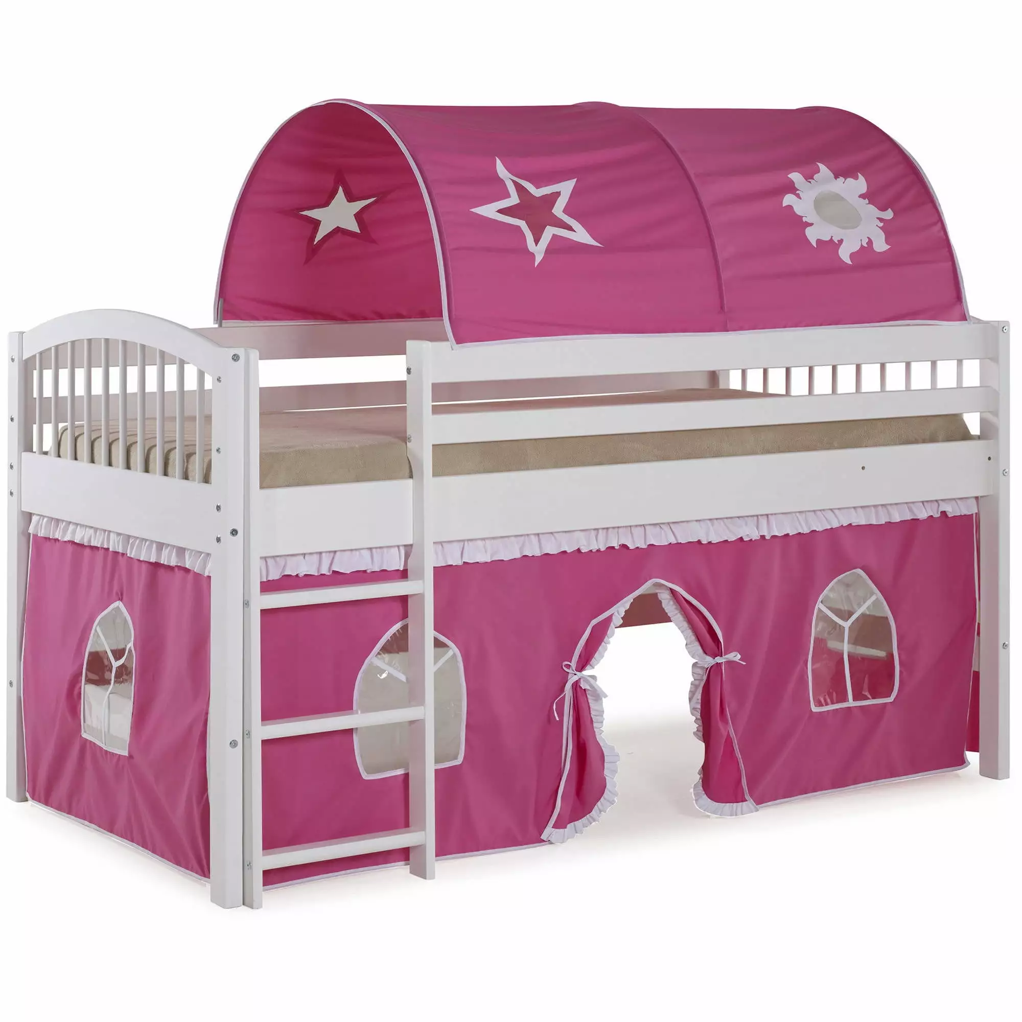 Alaterre Addison White Junior Loft Bed. Pink and White Tent and Playhouse with White Trim