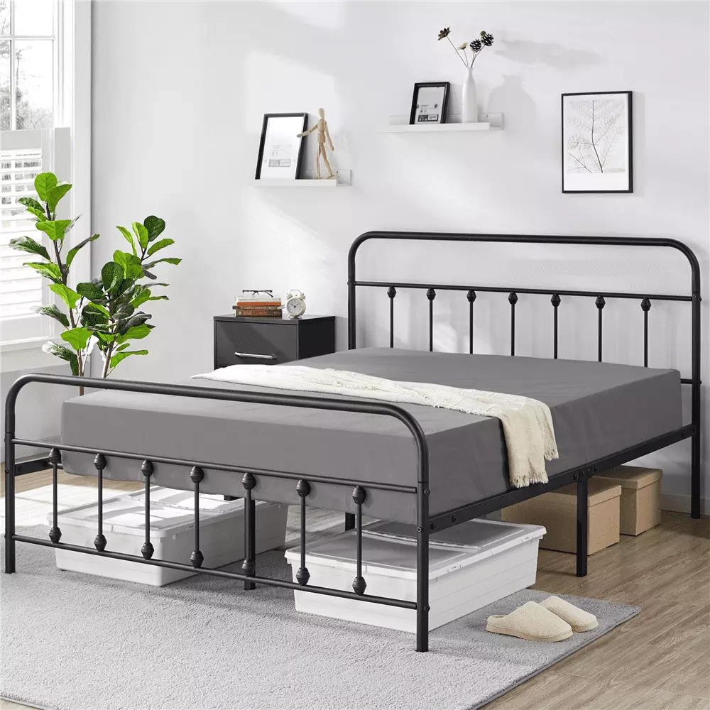 Alden Design Metal Platform Queen Bed with High Headboard. Black