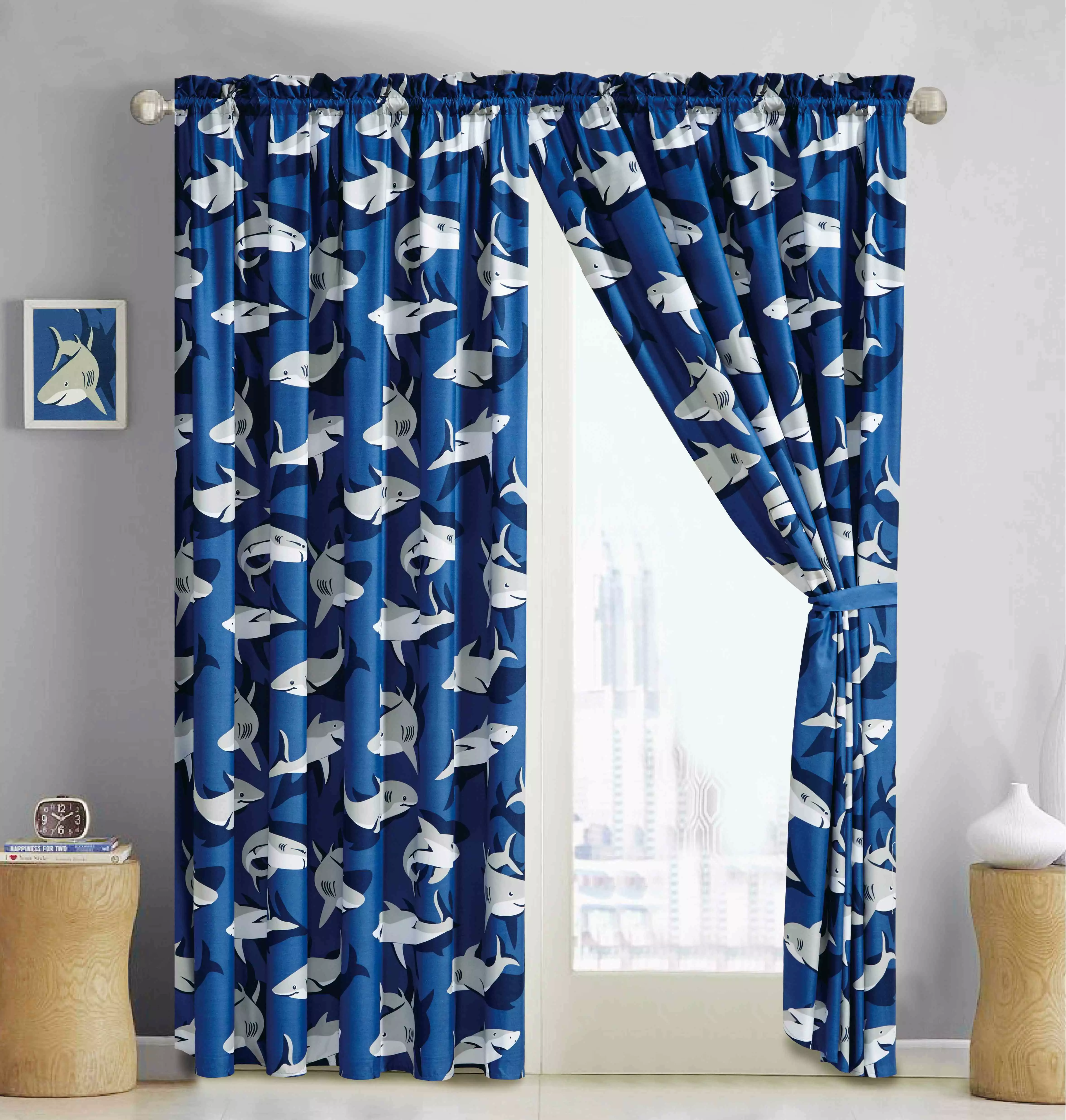 All American Collection Children's Curtain Set | Matching 3-Piece Comforter Set with Furry Toy Cushion and Sheets Sets Available for Separately! (Curtain Set. Shark)