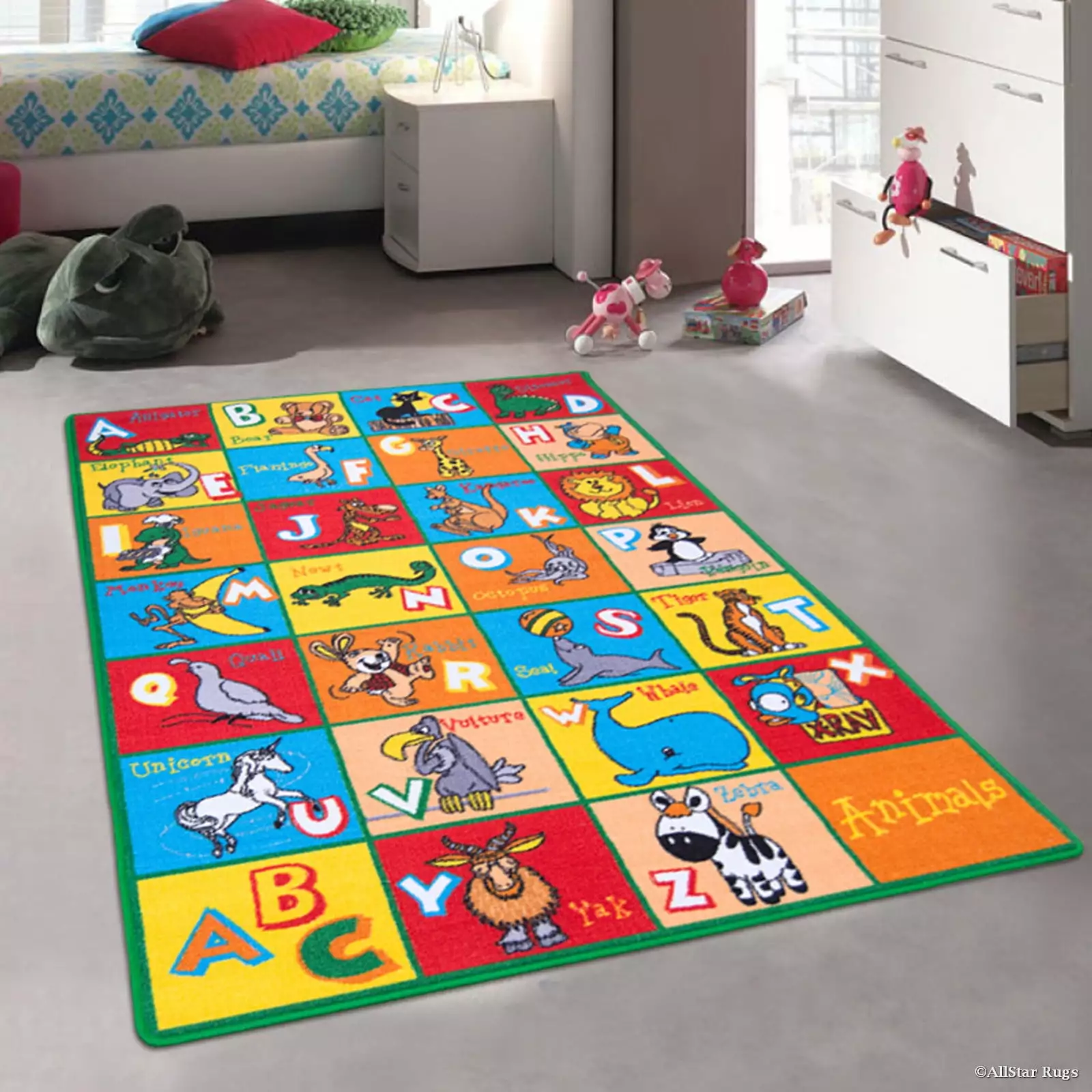 Allstar Kids / Baby Room Area Rug. Learn ABC / Alphabet Letters with Animals Bright Colorful Vibrant Colors (4' 11 x 6' 11)