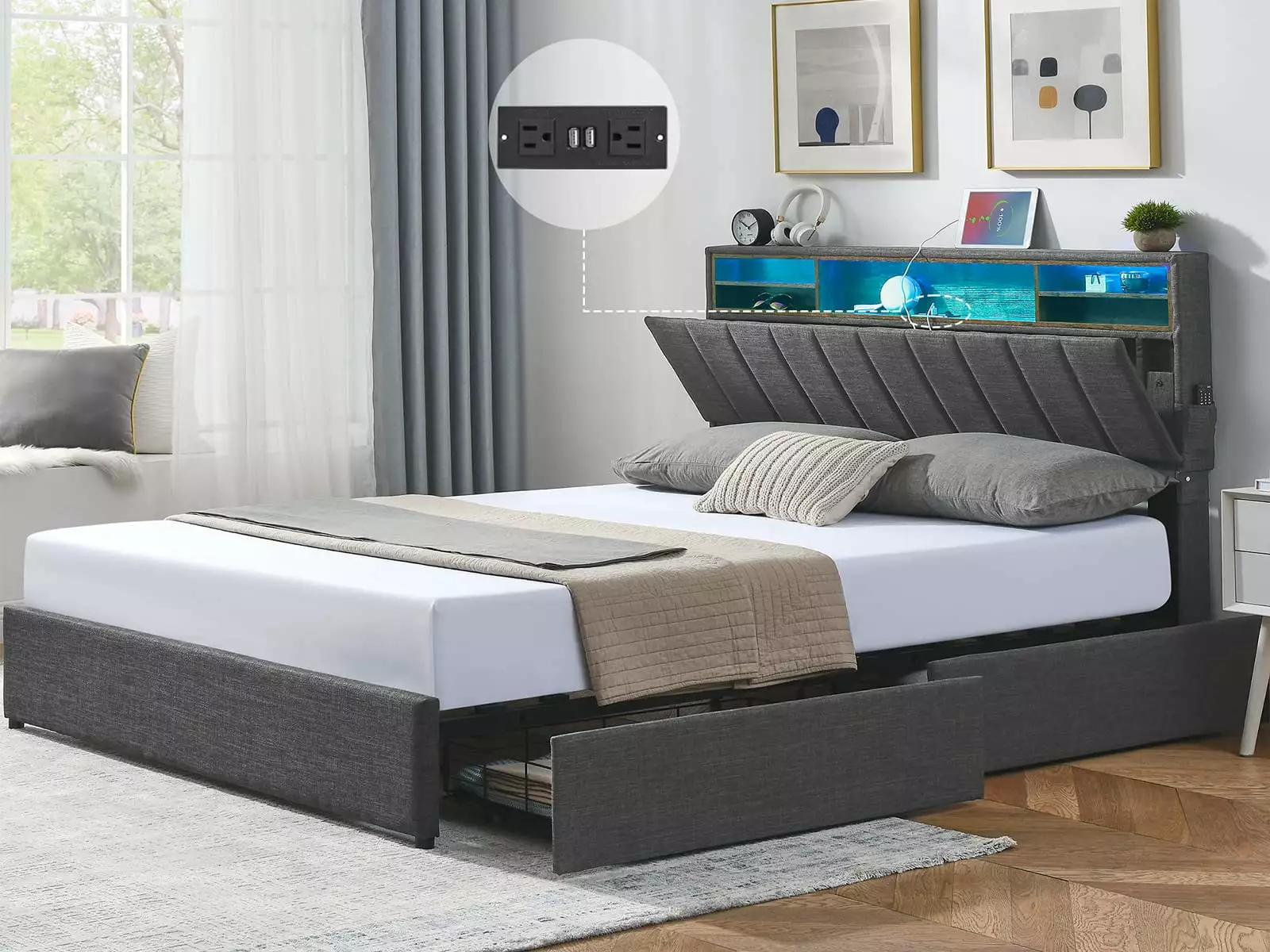 Alohappy Full Size Bed Frame with 2 Storage Drawers. LED Bed Frame with Charging Station and Adjustable Bookcase Headboard. Upholstered Mattress Foundation. No Box Spring Needed. Dark Grey