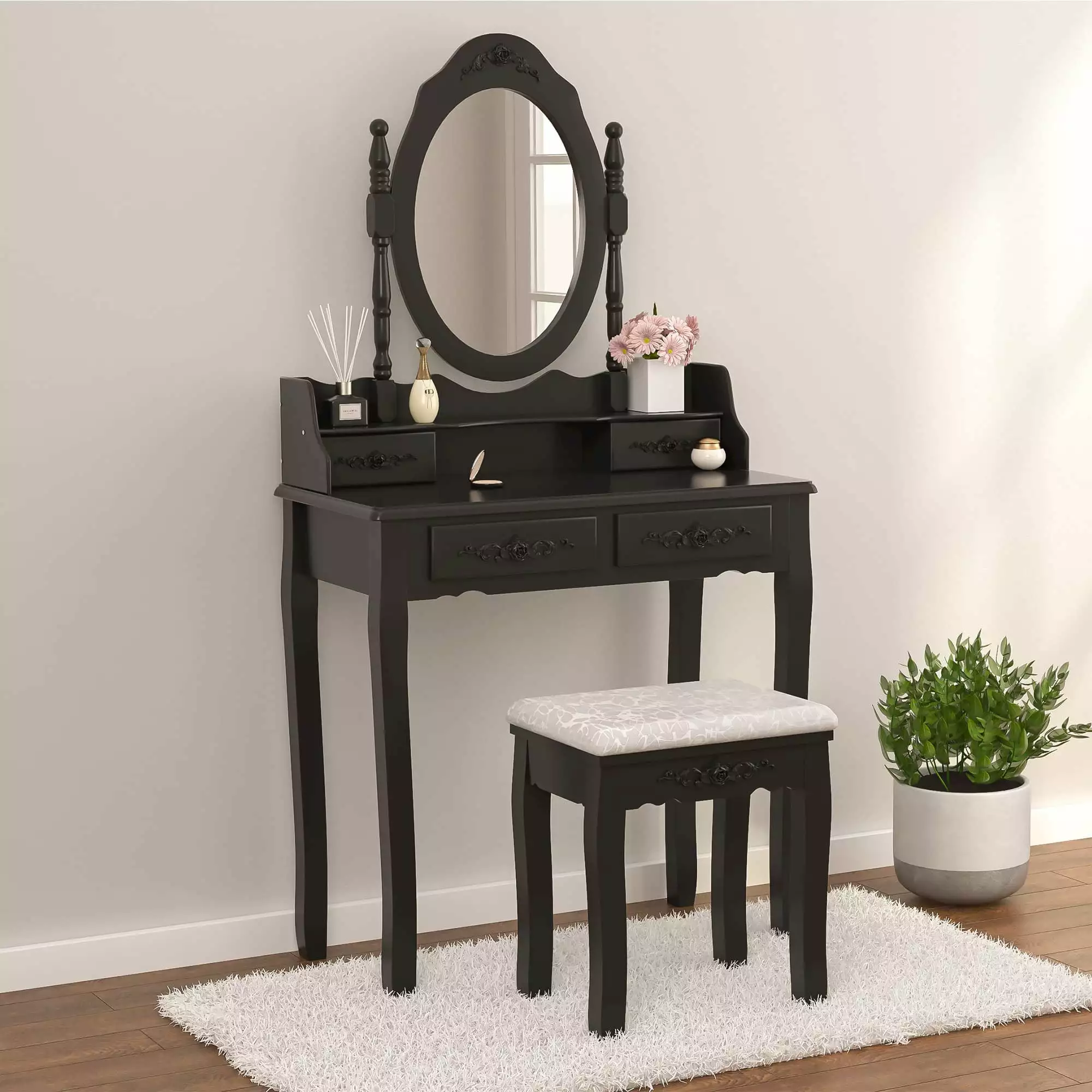 Alohappy Girls Vanity Desk. Makeup Vanity Set with Mirror & Stool. Makeup Table Black Vanity Desk with 4 Drawers Vintage Rose Carving Dressing Desk for Bedroom. Studio (Black)