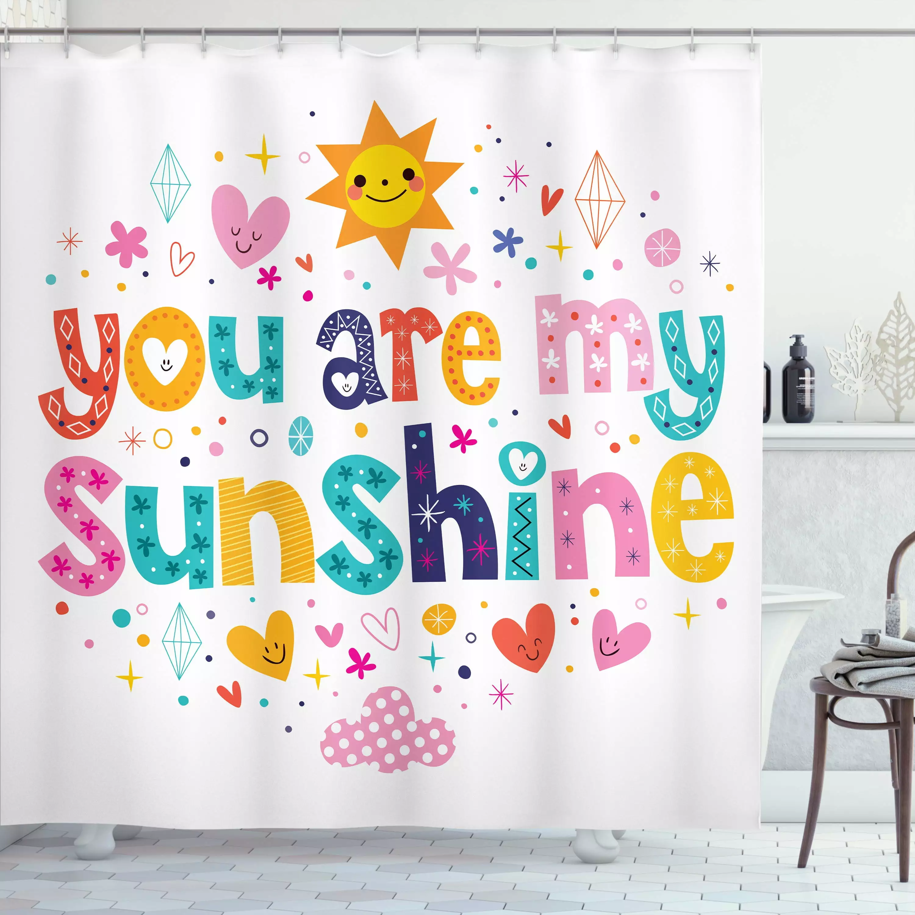 Ambesonne Cartoon Shower Curtain. Happy Sun Heart. 69Wx70L. Multicolor