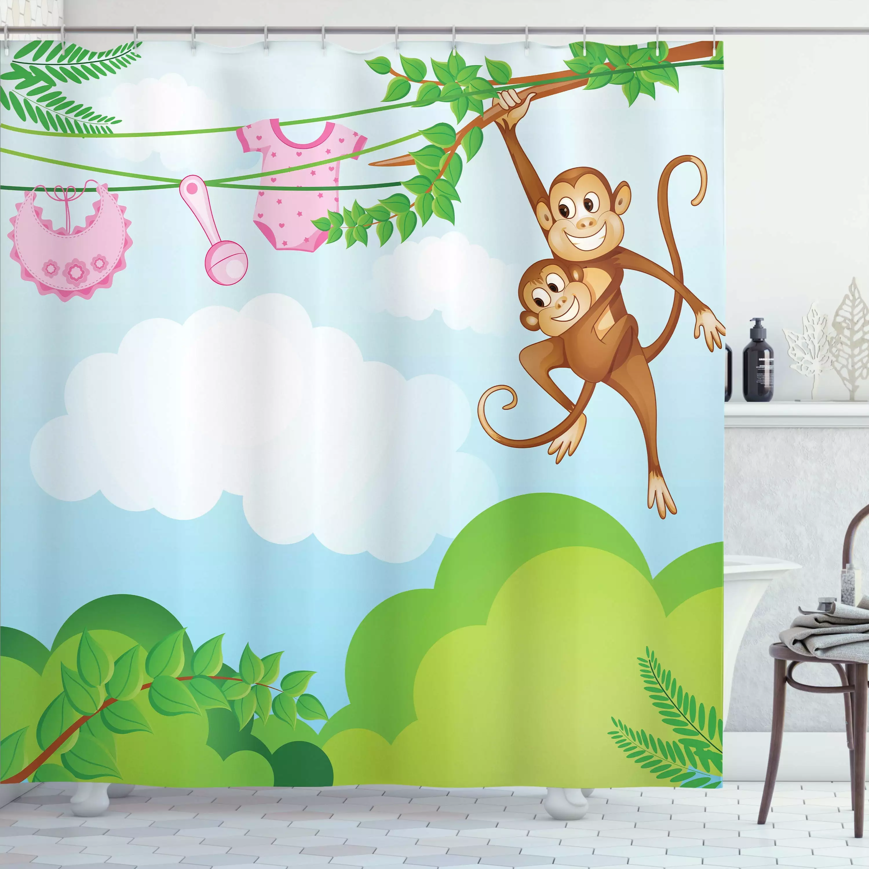 Ambesonne Cartoon Shower Curtain. Monkey Swinging. 69Wx70L. Green Brown Pink