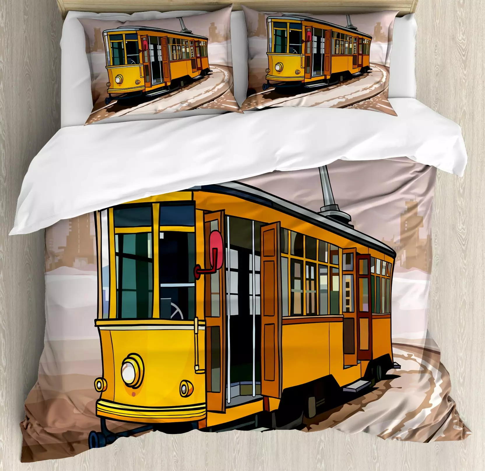 Ambesonne Modern Duvet Cover Set. Train on Rail Roads. Calking. Yellow and Pale Brown