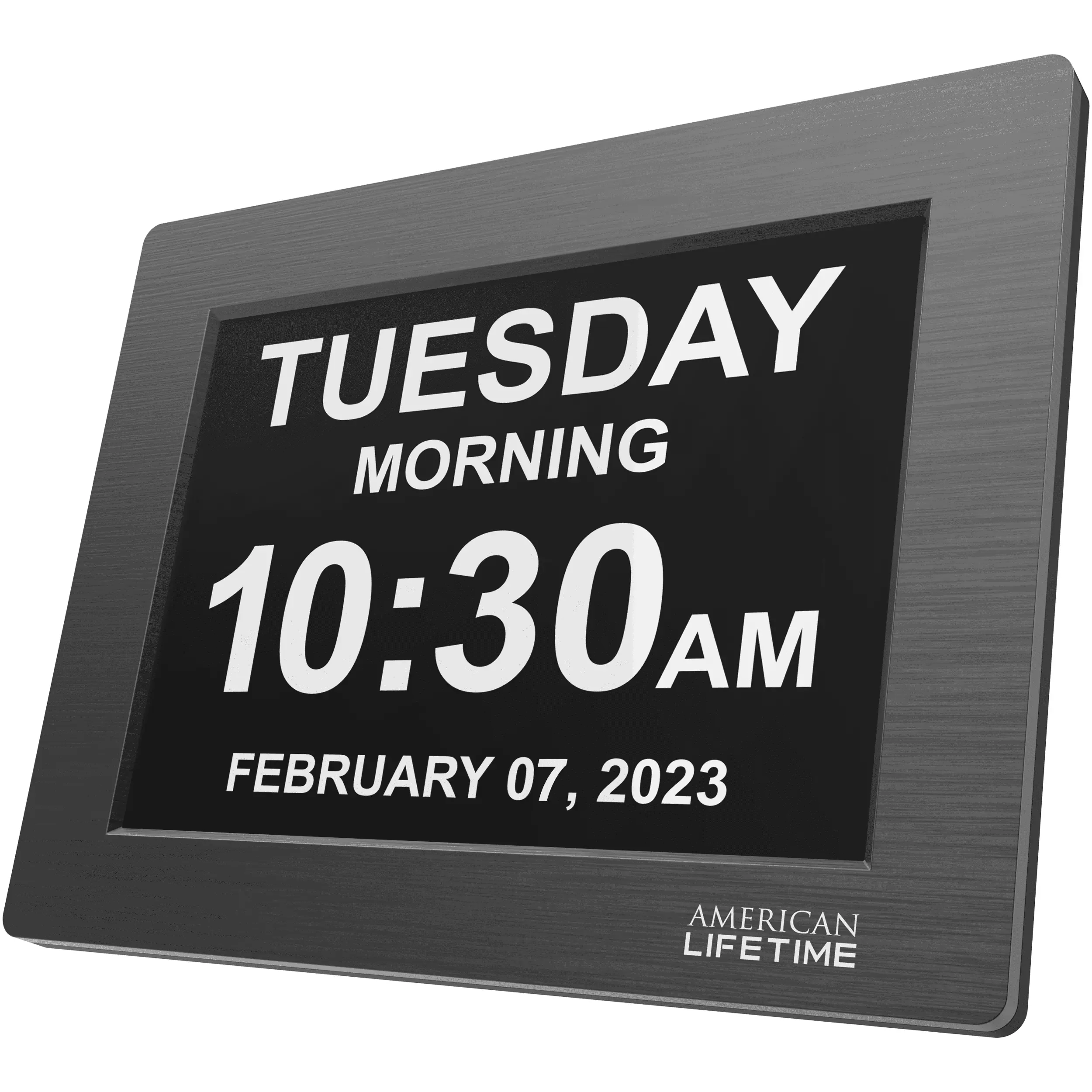 American Lifetime. Premium Version. Day Clock Extra Large Impaired Vision Digital Clock with Battery Backup and 5 Alarm Options. Limited Edition Black Polished Metal Frame