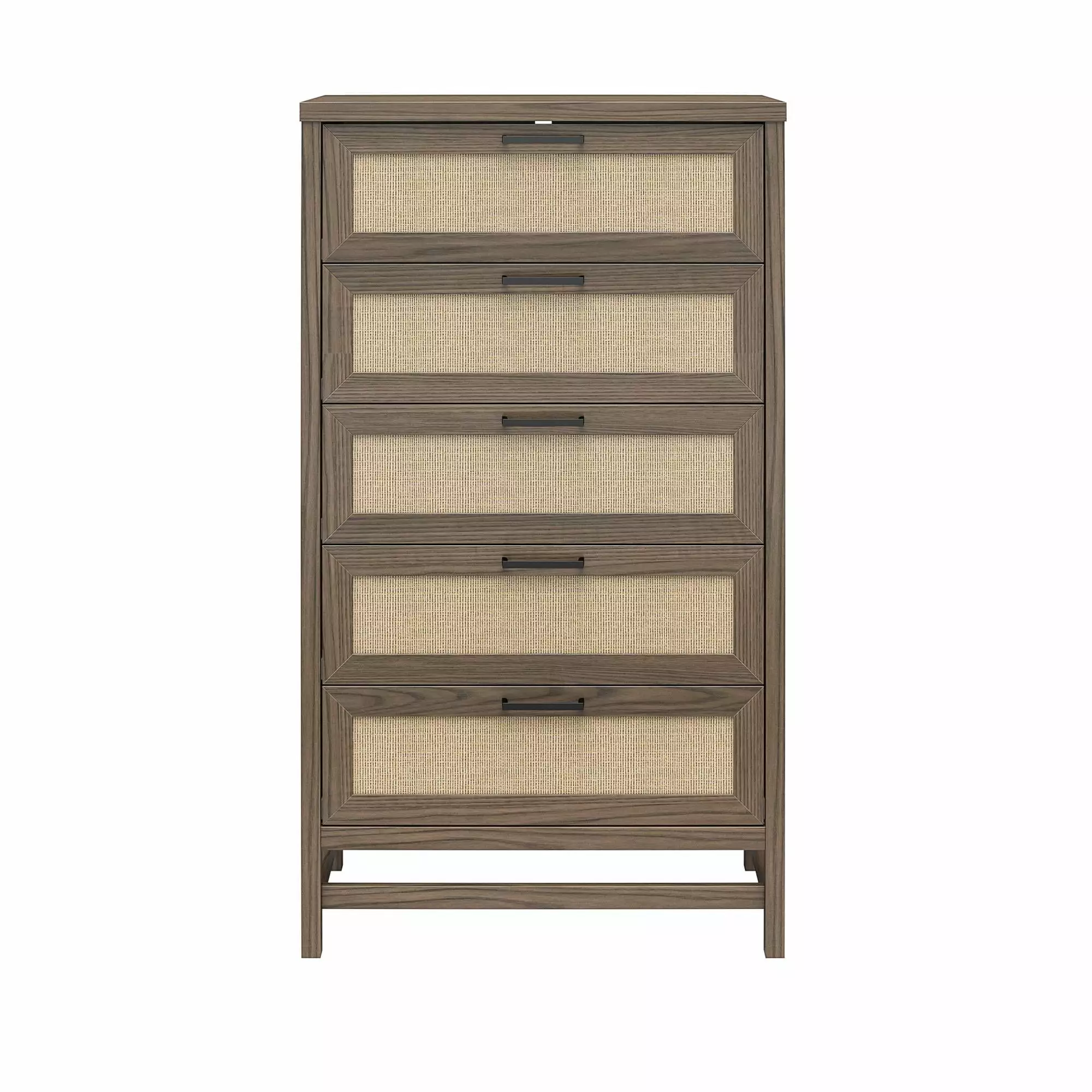 Ameriwood Home Lennon Tall 5 Drawer Dresser. Medium Brown and Faux Rattan