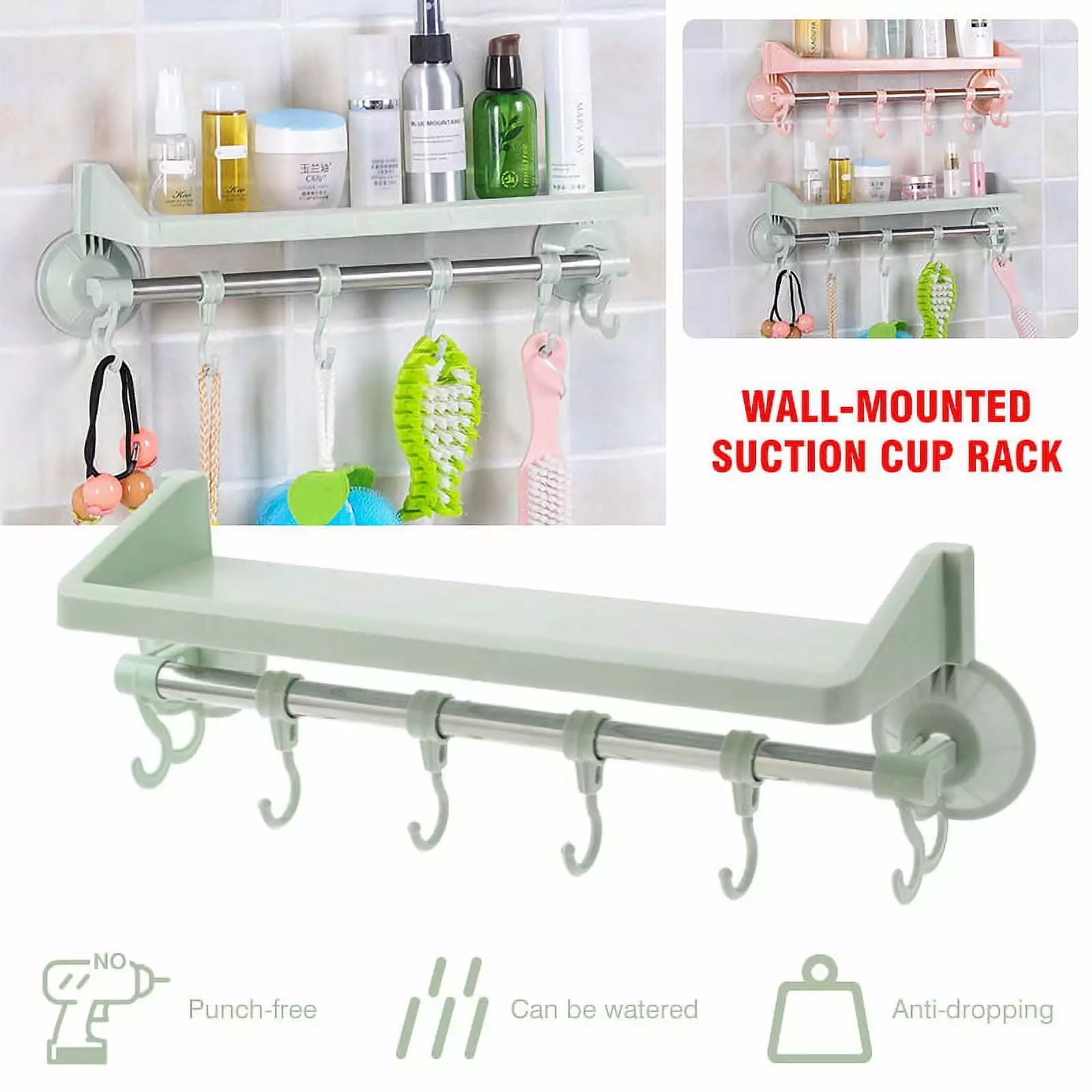 Amerteer Shower Caddy Basket with Hooks Soap Dish Holder Shelf for Shampoo Conditioner Bathroom Kitchen Rack Storage Organizer Adhesive No Drilling