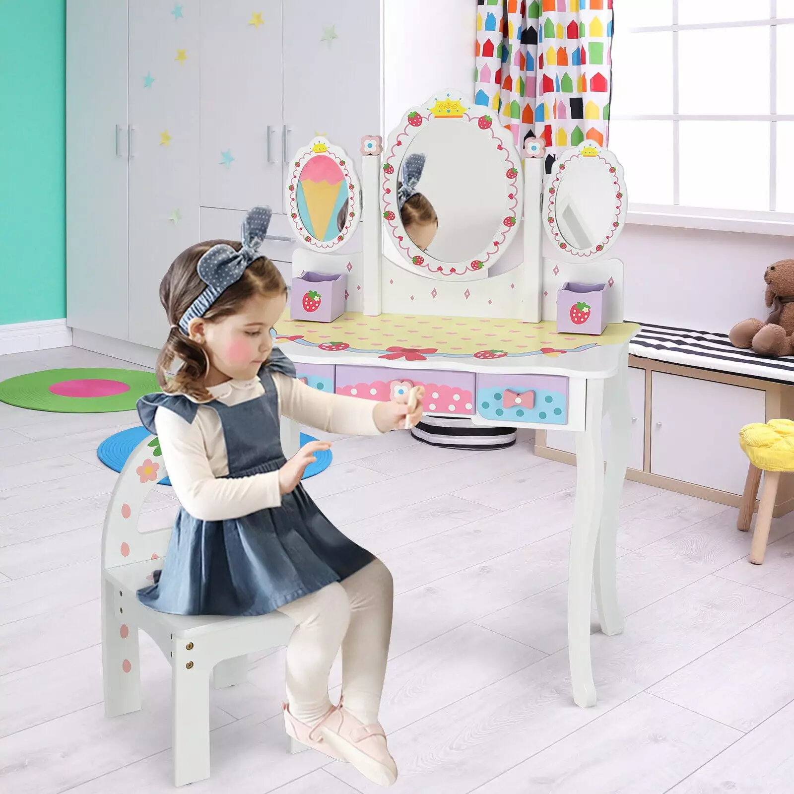 Amijoy 2-In-1 Kids Vanity Table w/ Detachable Top. Toddler Dresser Table Set w/ Rotating Tri-fold Mirror. Grid. Drawer. Chair