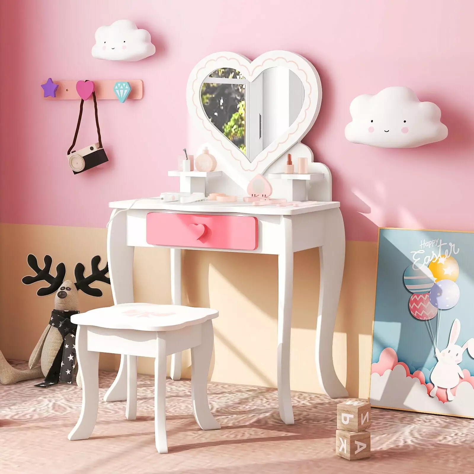 Amijoy Kids Vanity Set. 2-in-1 Princess Makeup Table & Chair Set with Heart-shaped Mirror. Storage Drawer & Abundant Accessories