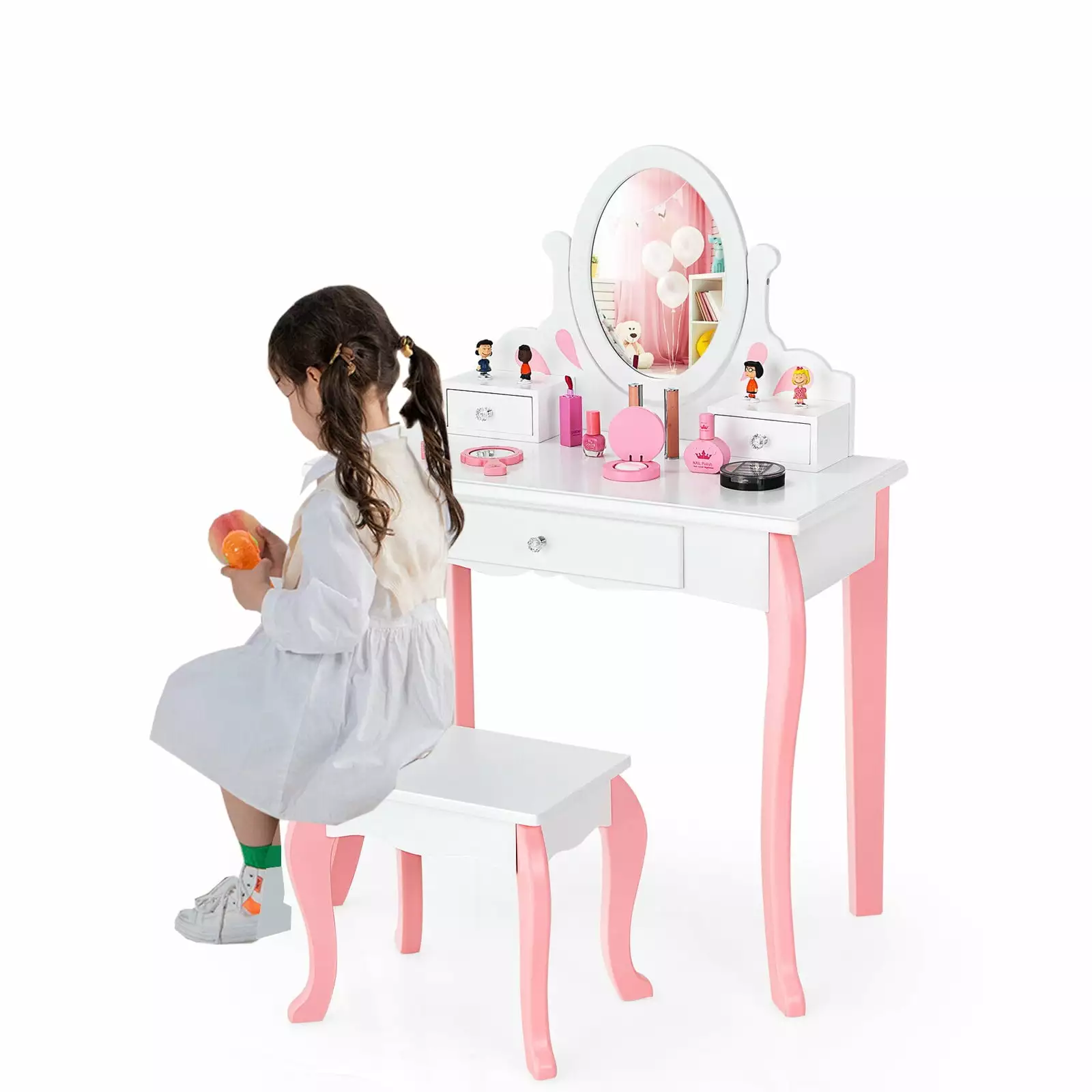 Amijoy Kids Vanity Table & Stool Set. Wooden Little Princess Makeup Dressing Table w/ 360?? Rotating Mirror & 3 Drawers