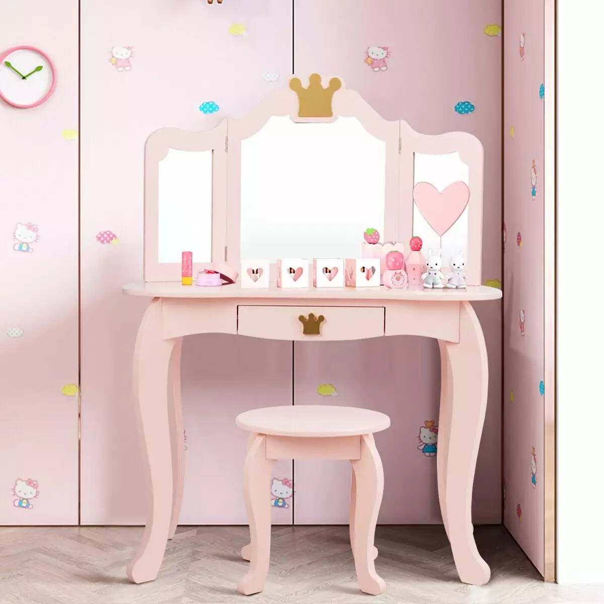 Amijoy Kids Vanity Table and Chair Set. Princess Makeup Dressing Table with Drawer & Tri-folding Mirror. 2 in 1 Vanity Set