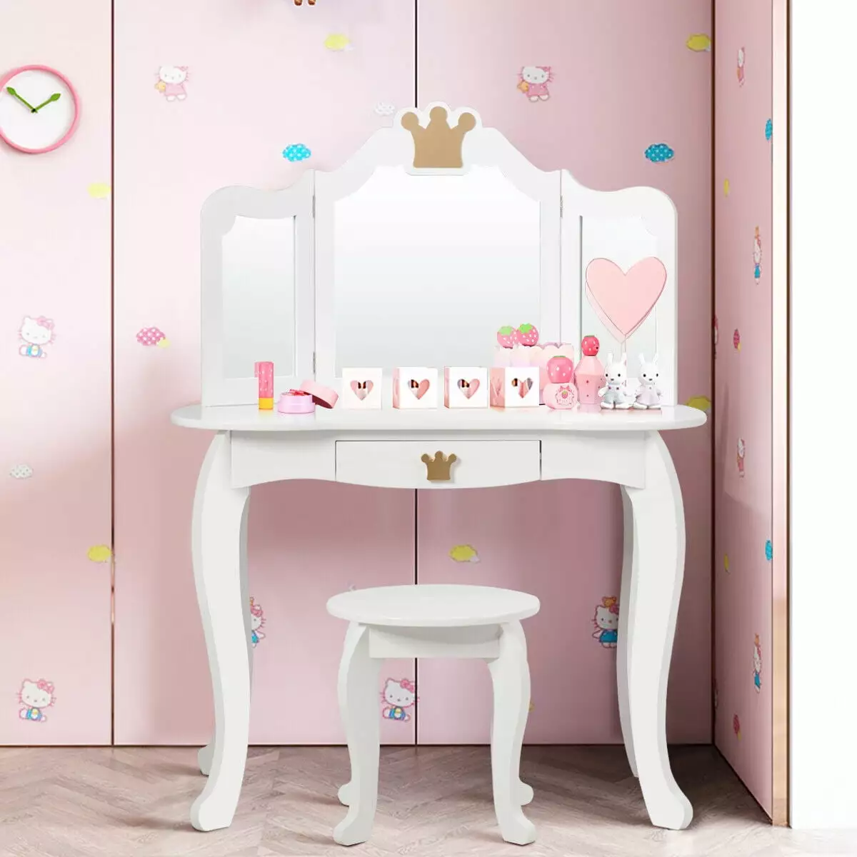 Amijoy Kids Vanity Table and Chair Set. Princess Makeup Dressing Table with Drawer & Tri-folding Mirror. 2 in 1 Vanity Set