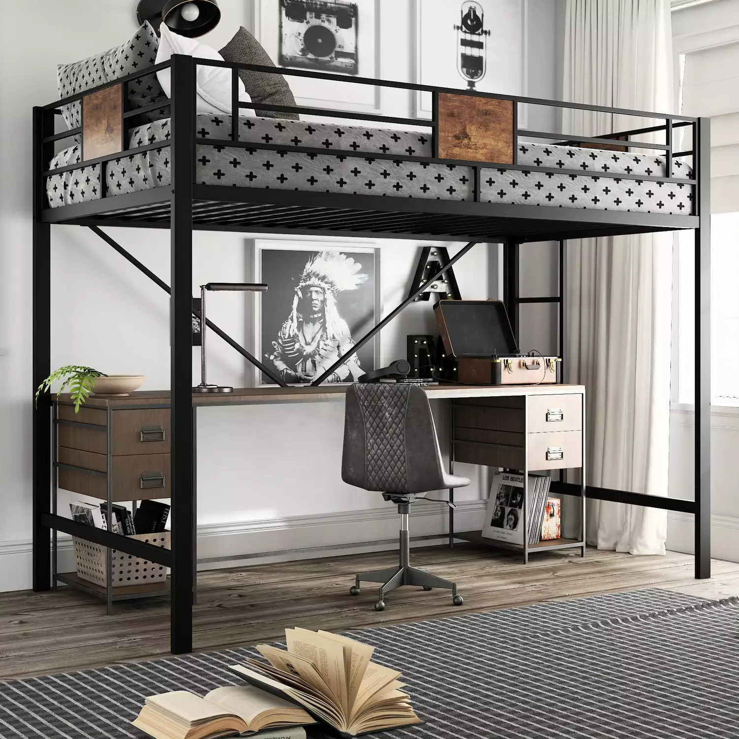 Amolife Metal Twin Size Loft Bed Frame with Stairs & Full-Length Guardrail. Rustic Wood. Black Frame (Desk not included)