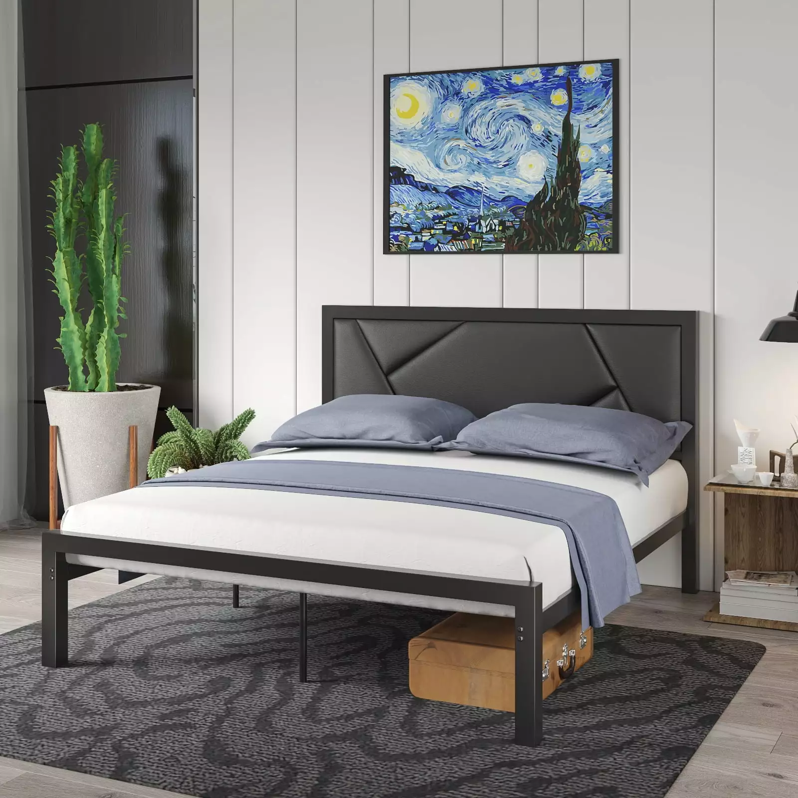 Amolife Queen Size Metal Bed Frame with Litchi Grain Faux Leather Geometric Upholstered Headboard. Black