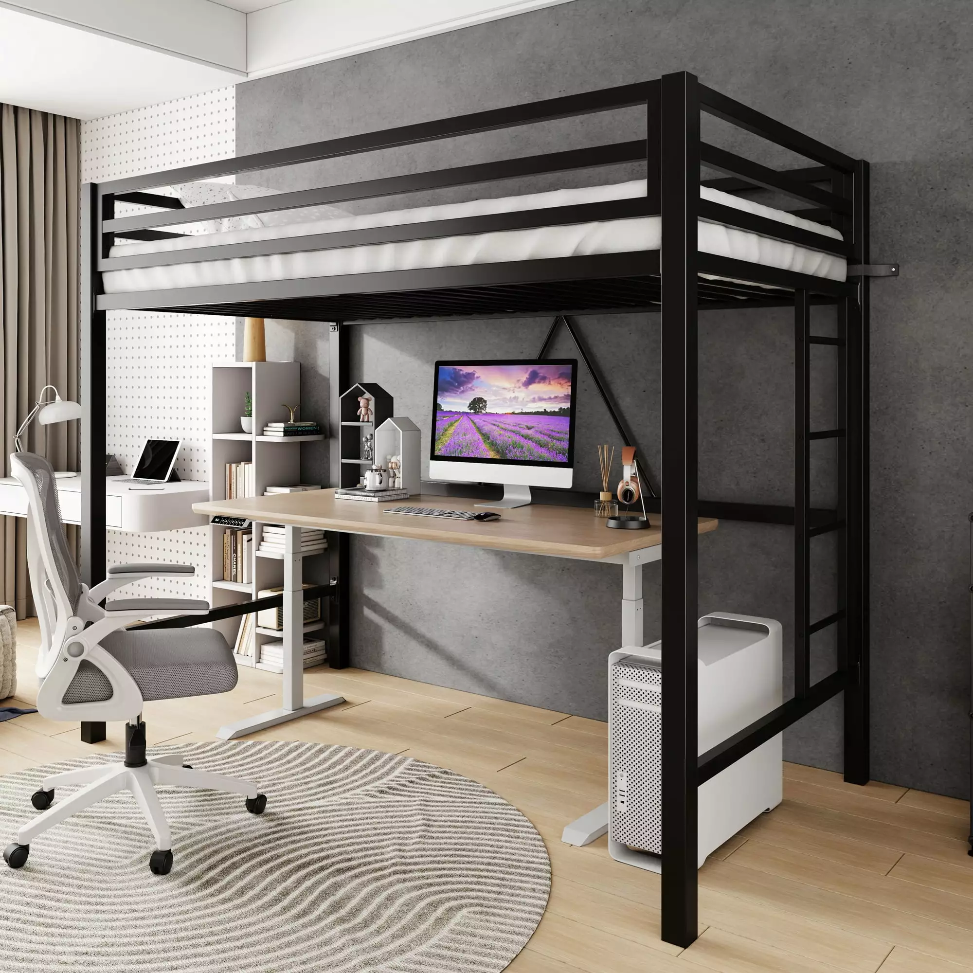 Amolife Twin Size Heavy Duty Metal Loft Bed with Removable Ladder & Fullength Guardrail. Black