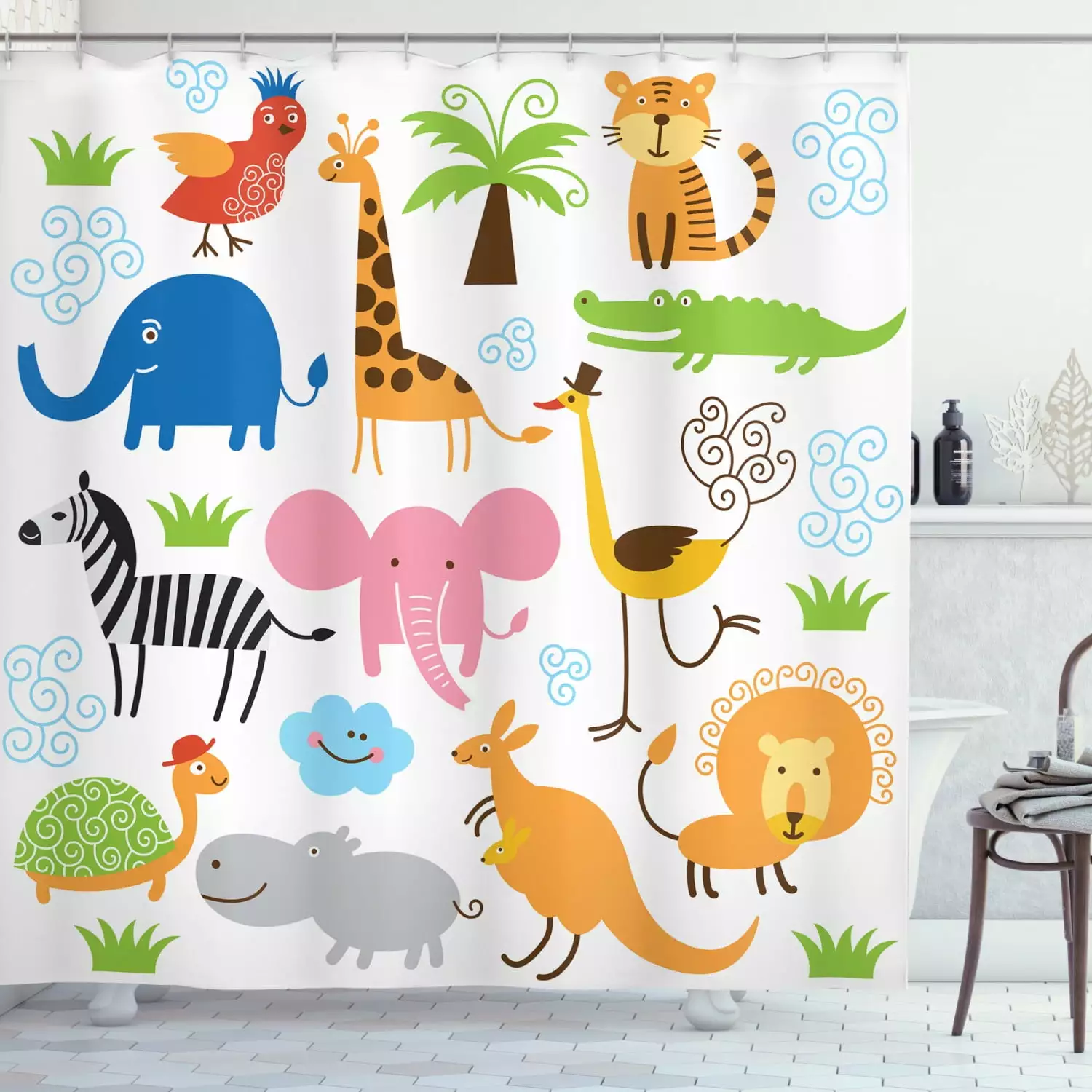 Ambesonne Animal Shower Curtain. Cartoon Giraffe Zebra Turtle. 69Wx70L. Multicolor