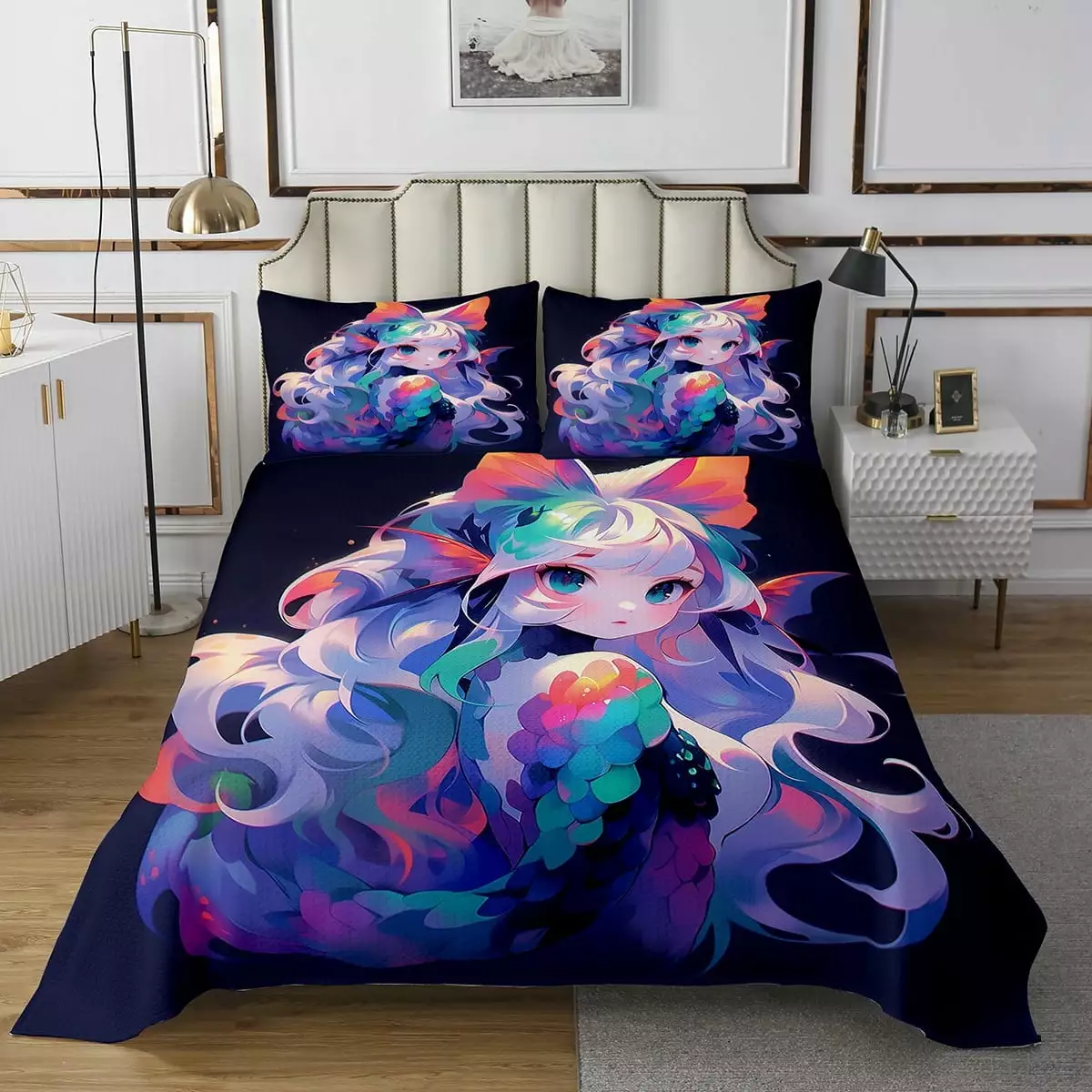 Anime Girl Coverlet Set 3D Japanese Bedspread Set Kawaii Girly Quilt Set. Anime Lovers Gifts Bedding Set Soft Cute Bed Set for All Season. Twin 2Pcs