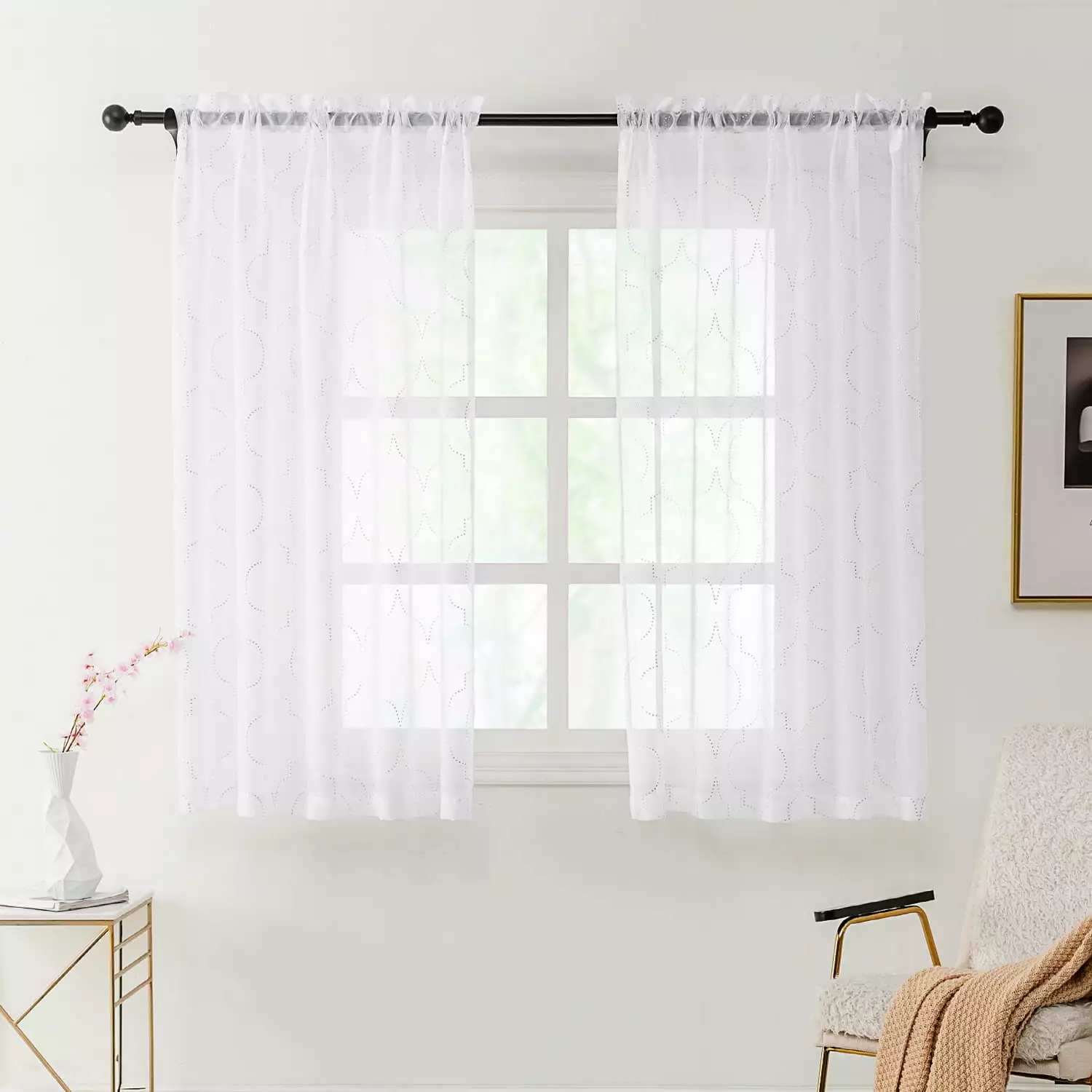 Anjee 2 Panels Rod Pocket Voile Sheer Curtains. White Polyester Semi Window Drapes with Printed Patterns. 52 x 45