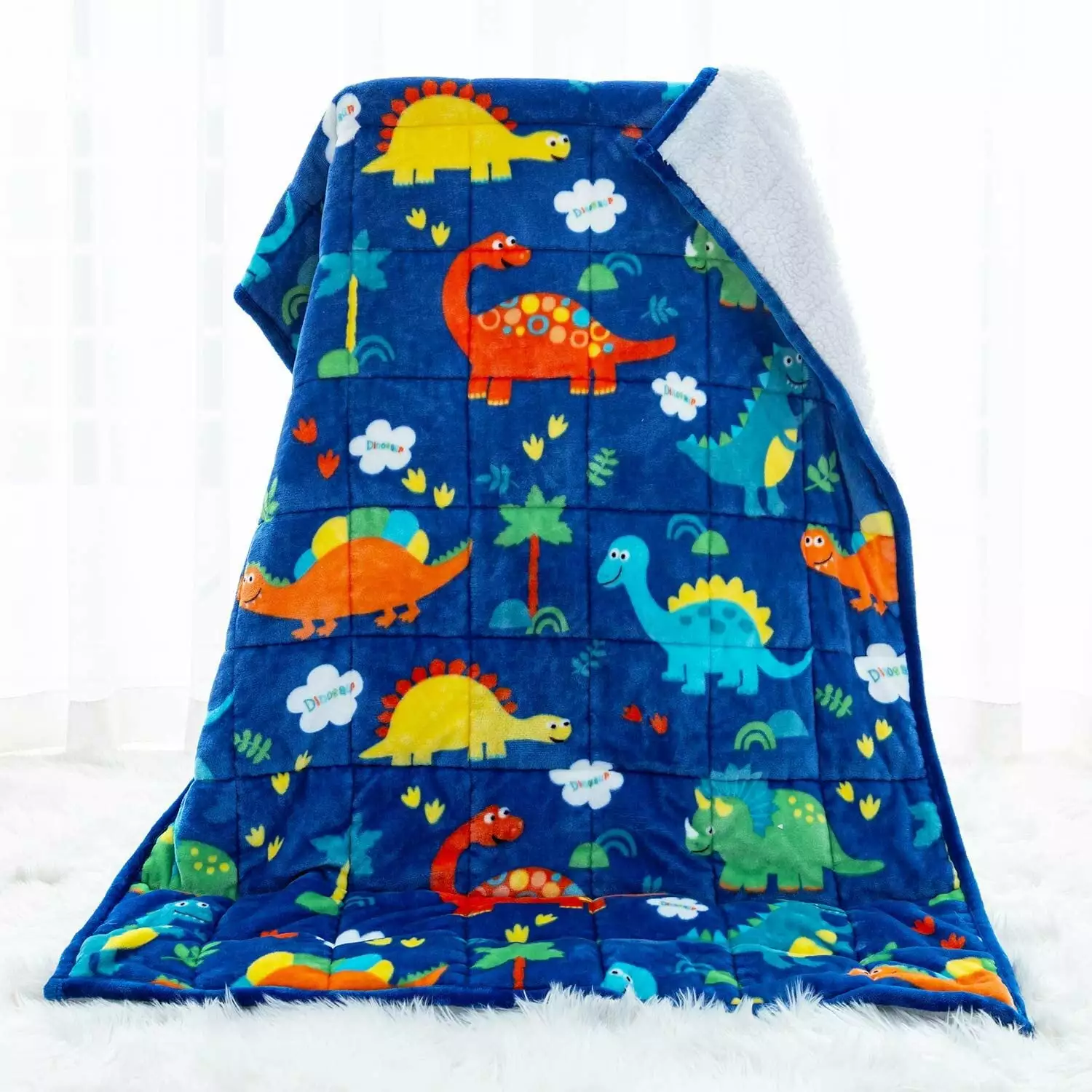 Anjee Kids Sherpa Fleece Weighted Blanket. 5lbs Blue Dinosaur. Ultra Soft and Cozy Heavy Blanket. Great for Calming and Sleep. 36x48 inch