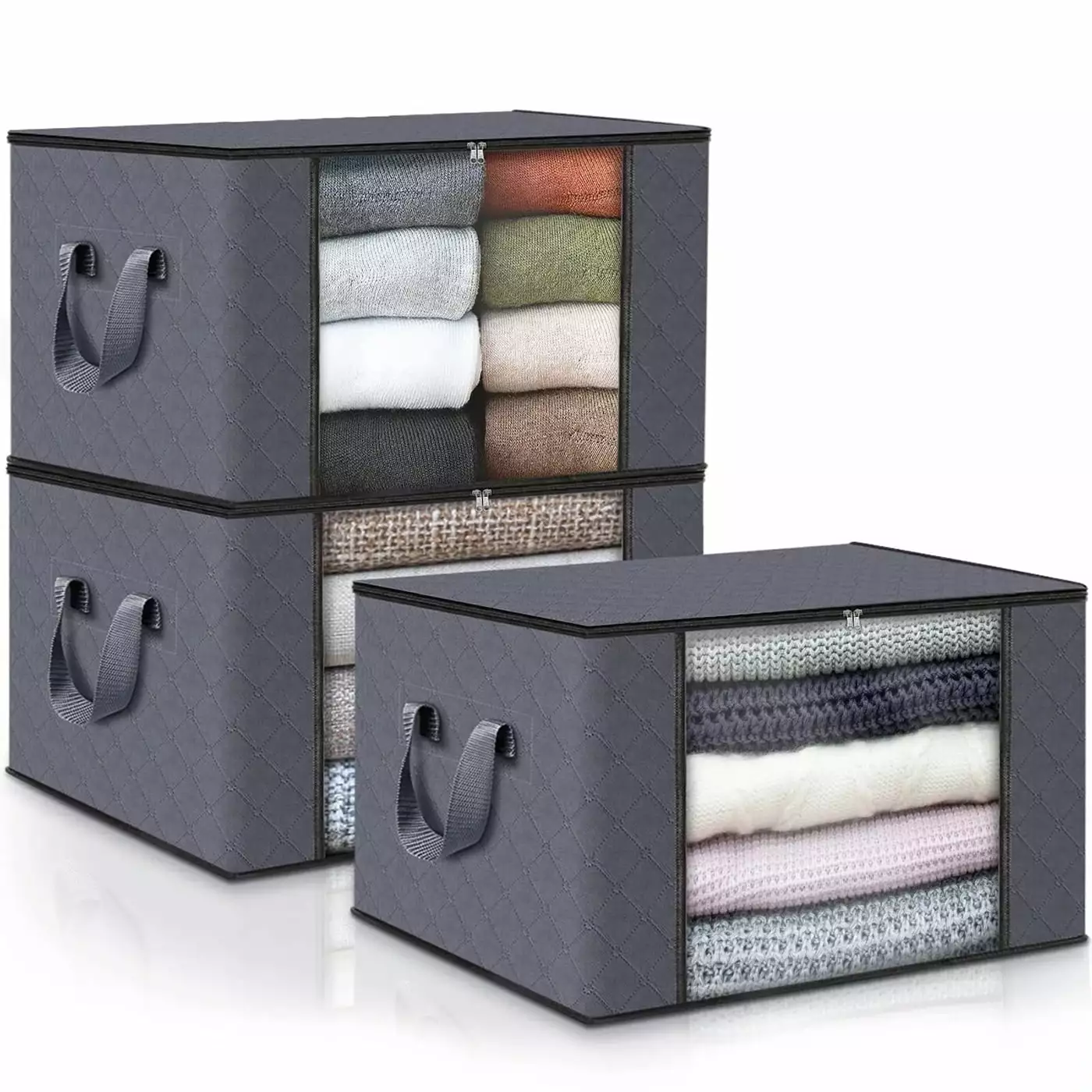 Annvchi Large Storage Bags 90L. 3 Pack Clothes Storage Bins Foldable Closet Organizers Storage Containers with Durable Handle for Clothing. Blanket. Comforters. Bed Sheets. Pillows and Toys (Gray)