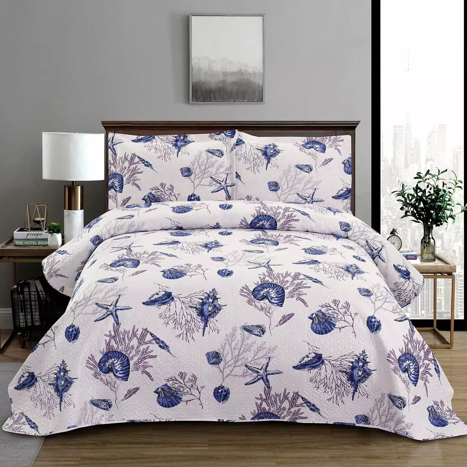 Anray Home Ocean Quilt Set King Size White Dark Purple Conch Quilt Lightweight Reversible Microfiber Bedspread Coverlet Cabin Bedding Set