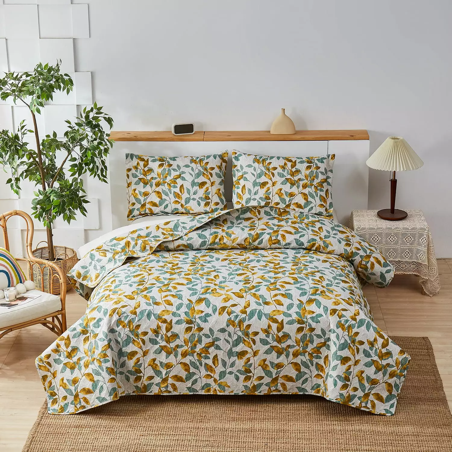 Anray Home Quilt Set Queen Size Leaf Green Yellow Quilt Lightweight Reversible Microfiber Bedspread Coverlet Bedding Set