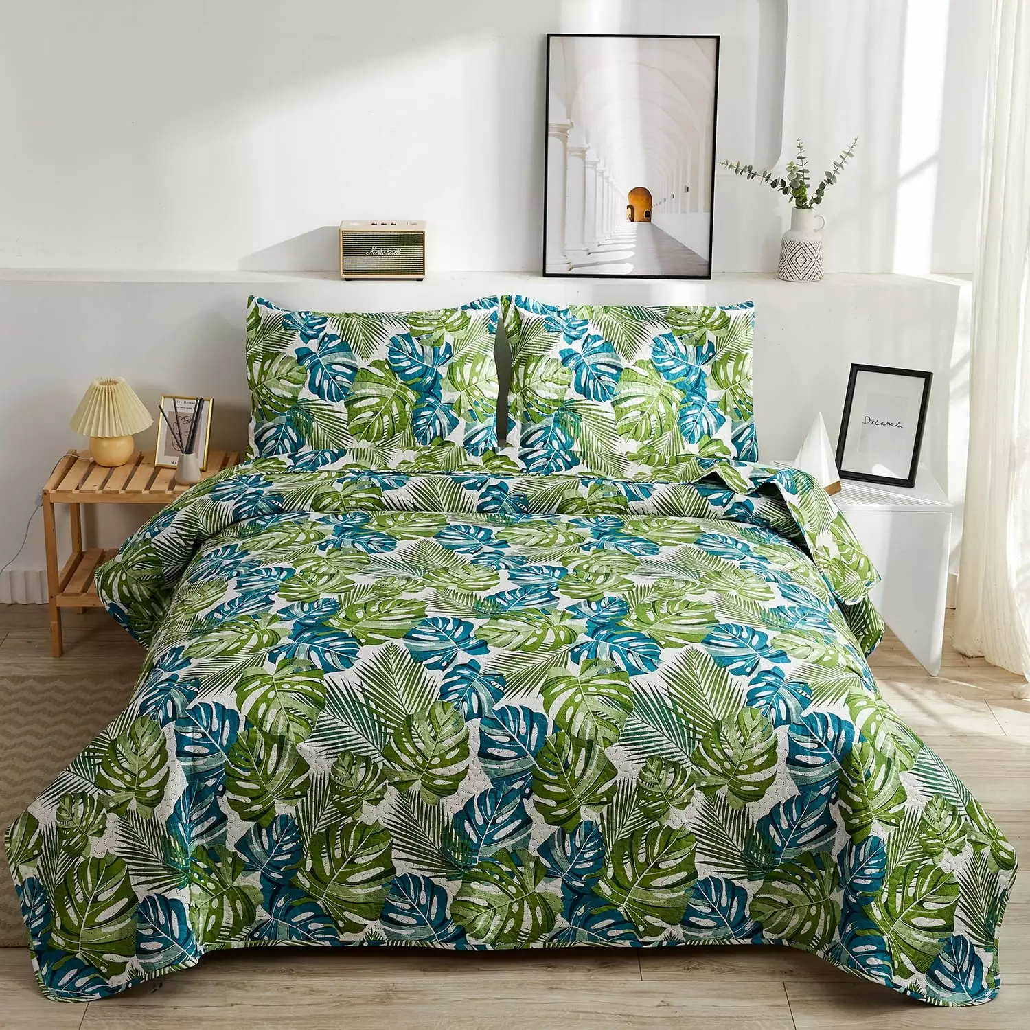 Anray Home Rainforest Quilt Set Queen Size Ink Green Leaves Quilt Lightweight Microfiber Bedspread Cabin Bedding Set