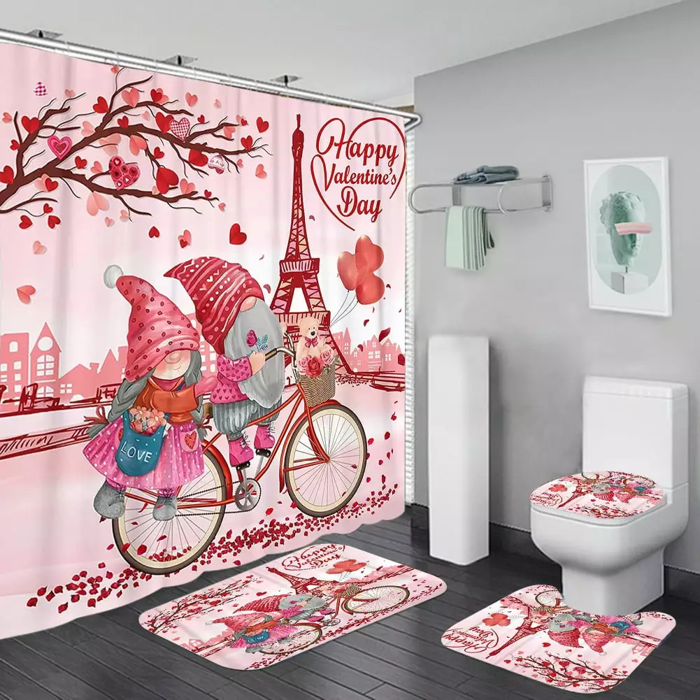 Aosijia 4 Pcs Valentines Day Shower Curtain. Loving Hearts with Cute Gnome Shower Curtains for Bathroom Decor. Romantic Fabric Waterproof Shower Curtain Sets with Hooks