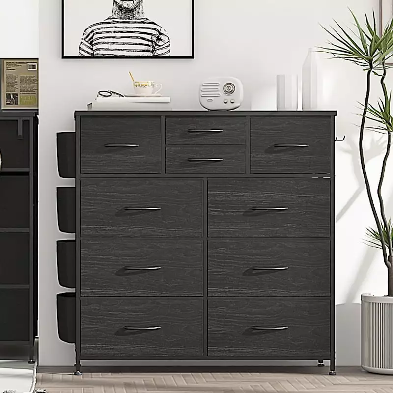 Aowos Black Dressers for Bedroom Chest of Drawers with 10 Drawers Fabric Dresser Wood Top with 2 Hook 3 Side Pockets