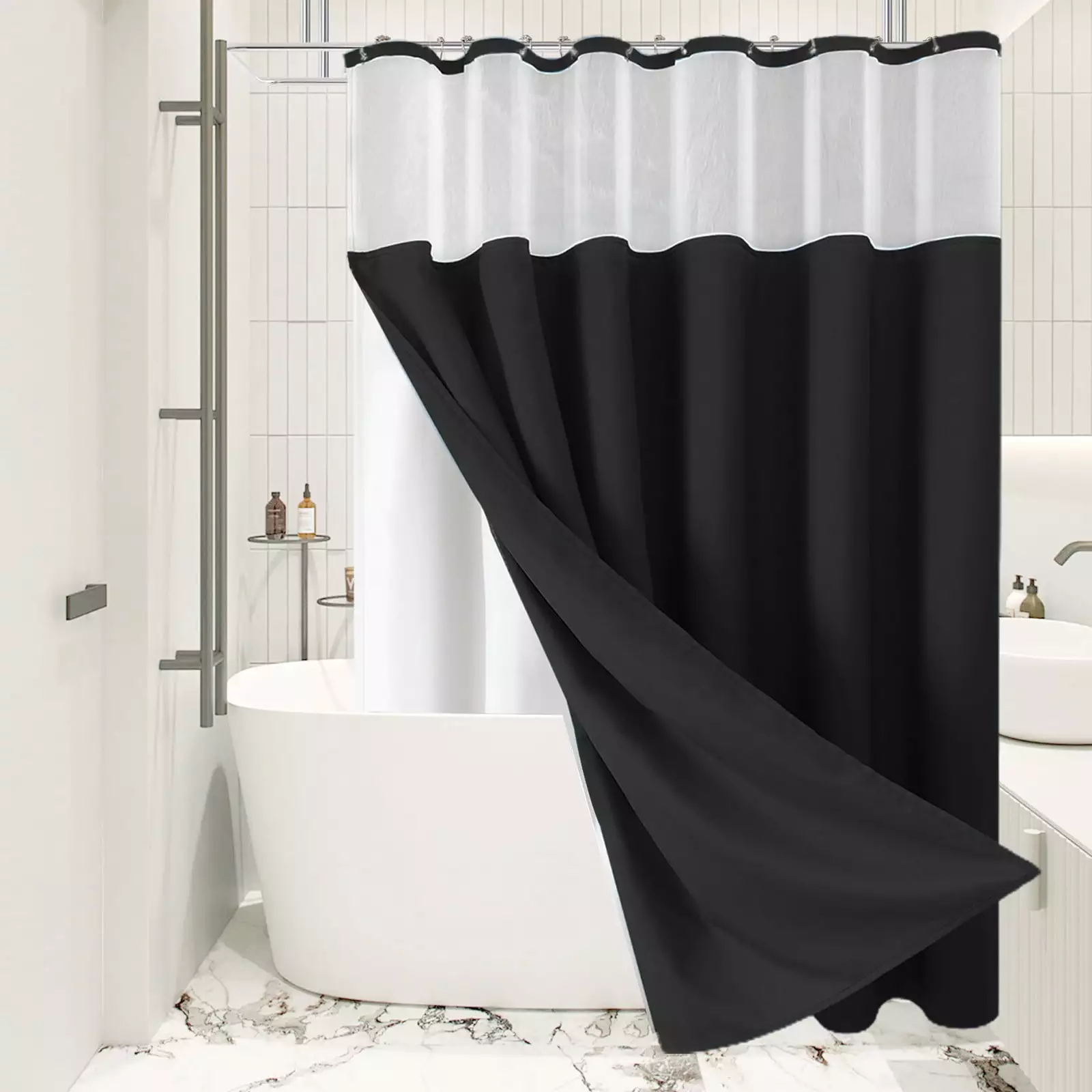 Apmemiss Clearance Shower Curtain with Snap in Liner Set. Polyester Shower Curtains for Bathroom.Water Repellent Shower Curtain with 12 Hooks. Machine Washable. Heavyweight Fabric & Mesh Top Window