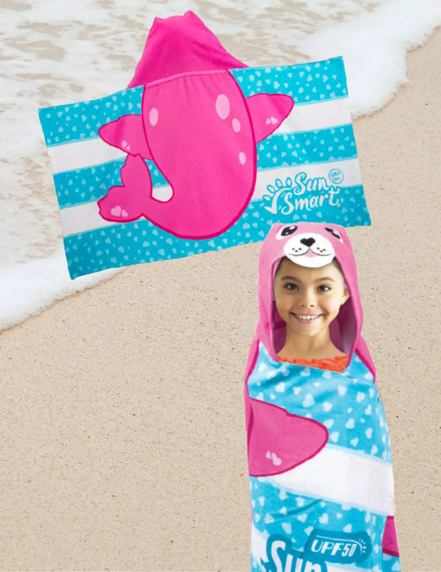 Aqua Leisure Children's Hooded Towel Cover-Up For The Beach Or Pool - Girls Pink Seal - UPF 50+ UV Protection Fabric