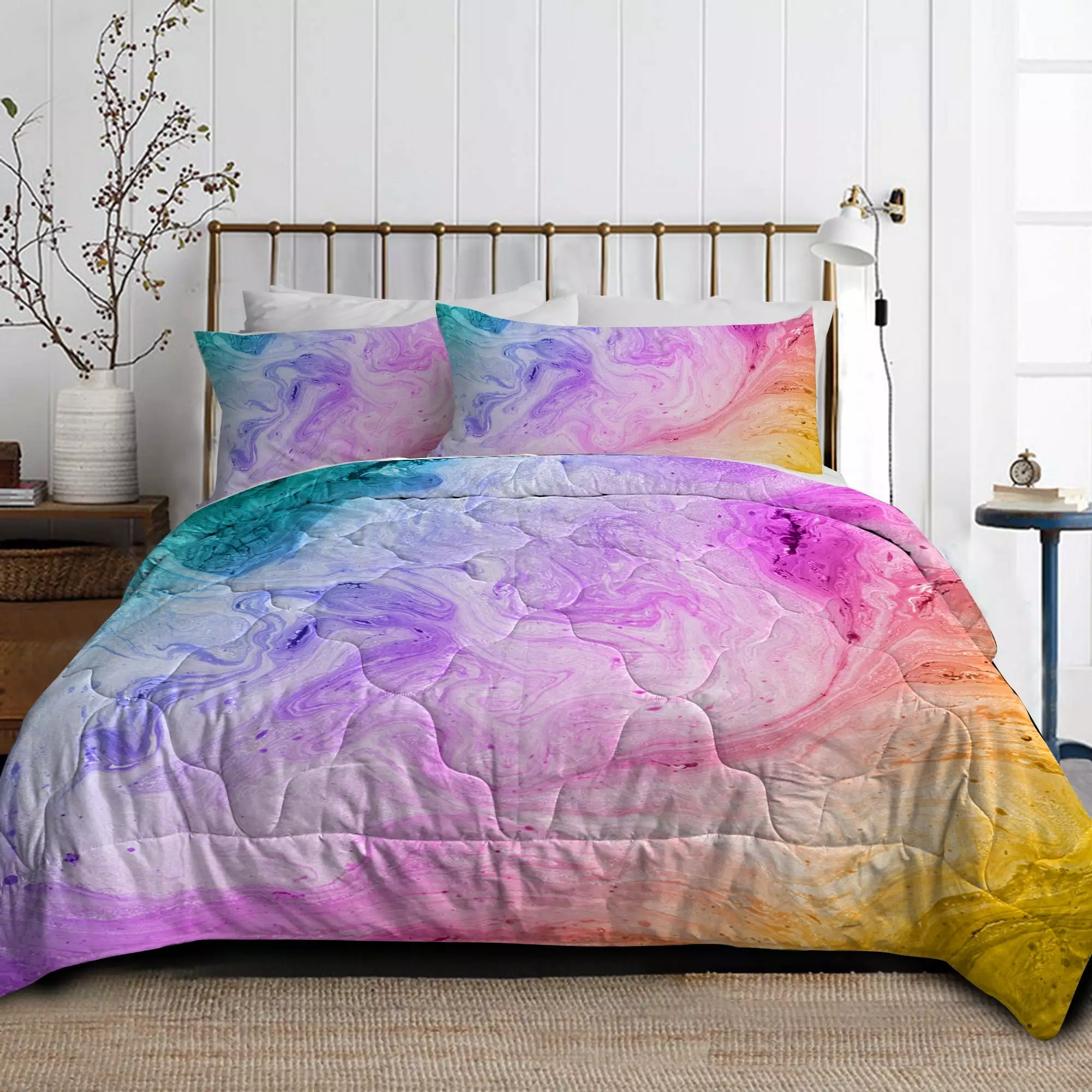 Arightex 3 Pieces Tie Dye Comforter Set Twin Size with Pillow Shams. Abstract Pastel Pink Purple Marble Pattern. Bedding Set for Girls Kids