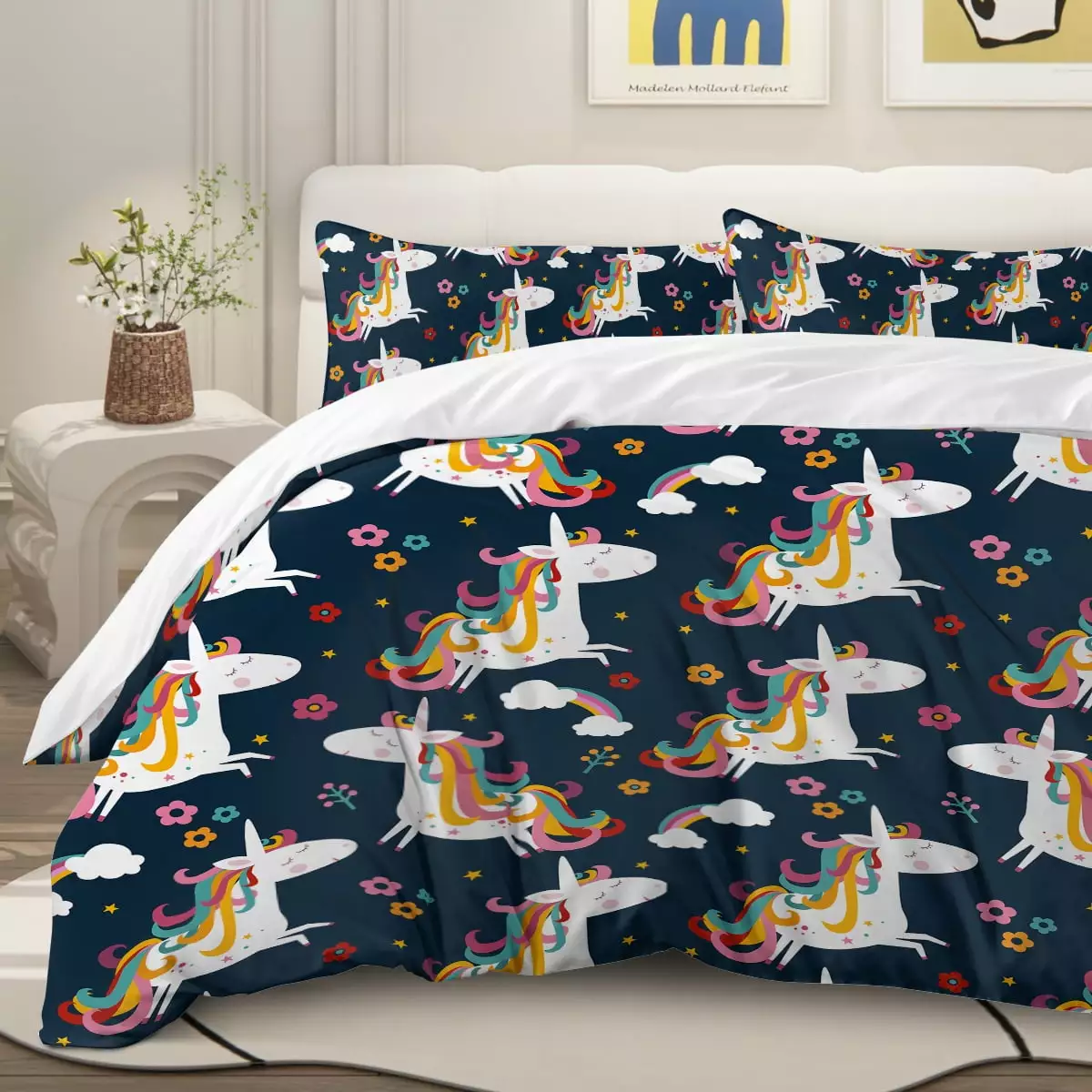 Arightex 3pcs Unicorn Printed Duvet Covers King Size.Soft Modern Blue Duvet Cover With Zipper Closure