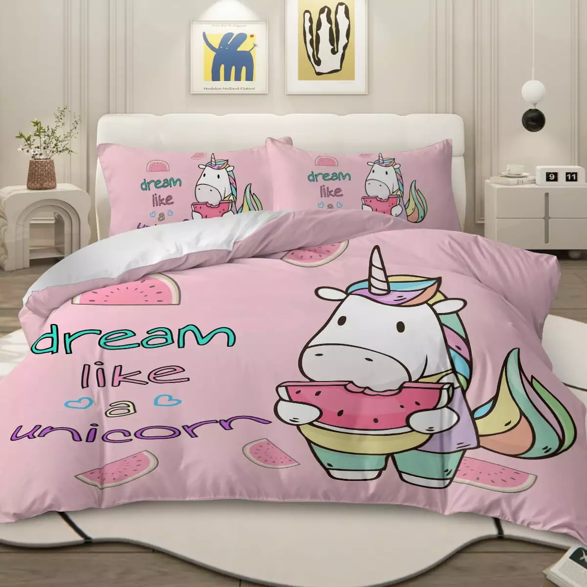 Arightex Pink Unicorn Duvet Cover Set Queen for Kids 3pcs Microfiber with 2 Pillowcases