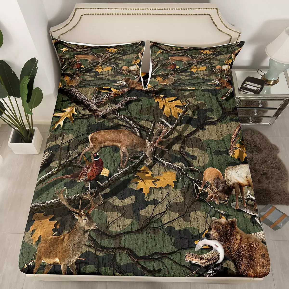 Army Green Camouflage Bed Sheets 3d Bear Elk Deer Sheets.Reindeer Moose Grunge Tree Branch Fitted Sheet Twin Retro Plant Leaves Bedding Set.Vintage Camo Farmhouse Rustic Home Decor