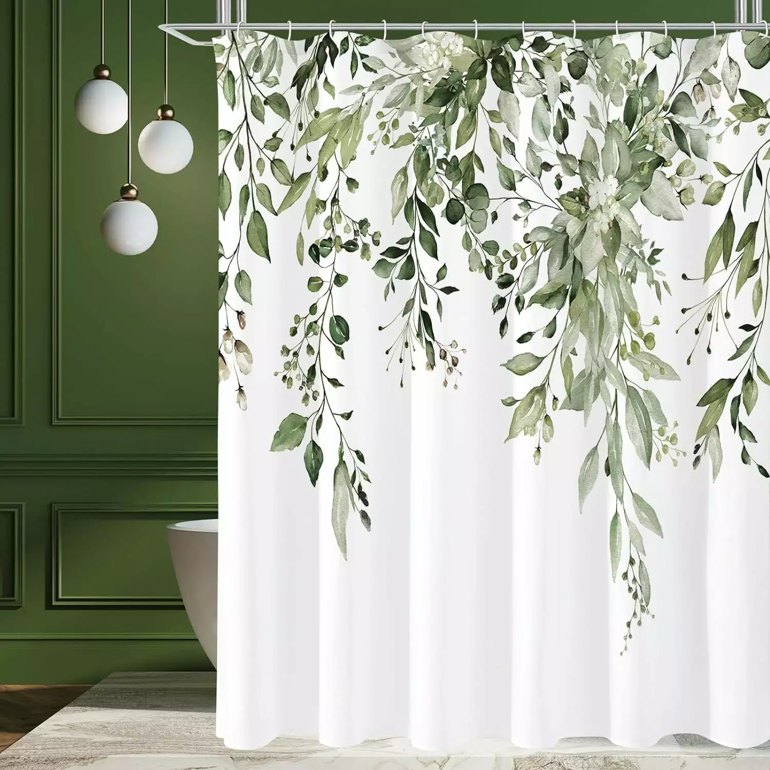 Arsvit Long Shower Curtain 72 x 78. Tall Olive Green Floral Shower Curtain for Bathroom. Watercolor Plant Eucalyptus Leaves Fabric Shower Curtain Set with Hooks