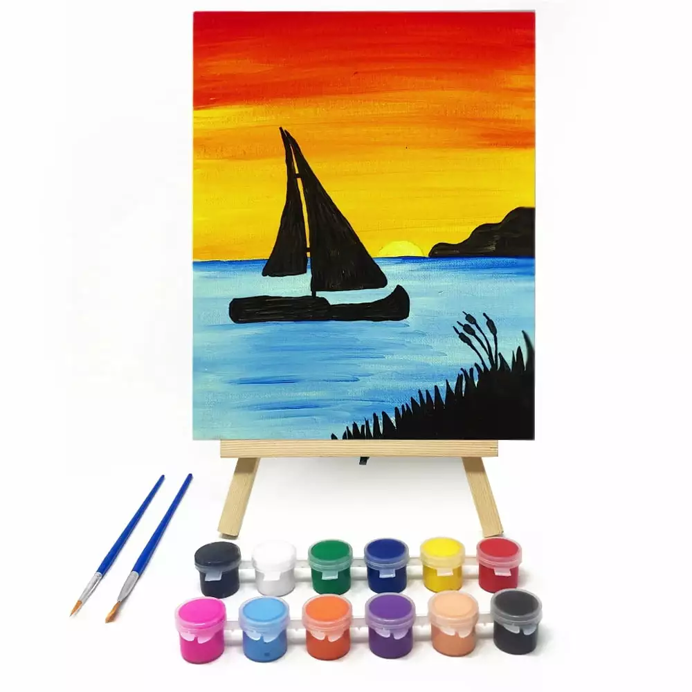 Art Paint Kits with Canvas Board Drawing Includes 12 Color Acrylic Paint Set and 2 Paint Brushes - Sailboat Design