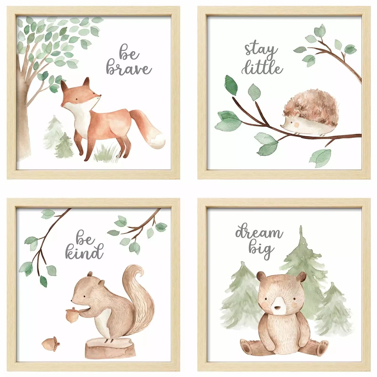 ArtbyHannah 4 Pack Framed Funny Woodland Baby Nursery Wall Art Decor with 10x10 Picture Frames and Cute Safari Animals Prints for Kids Playroom Decoration. Light-Wood