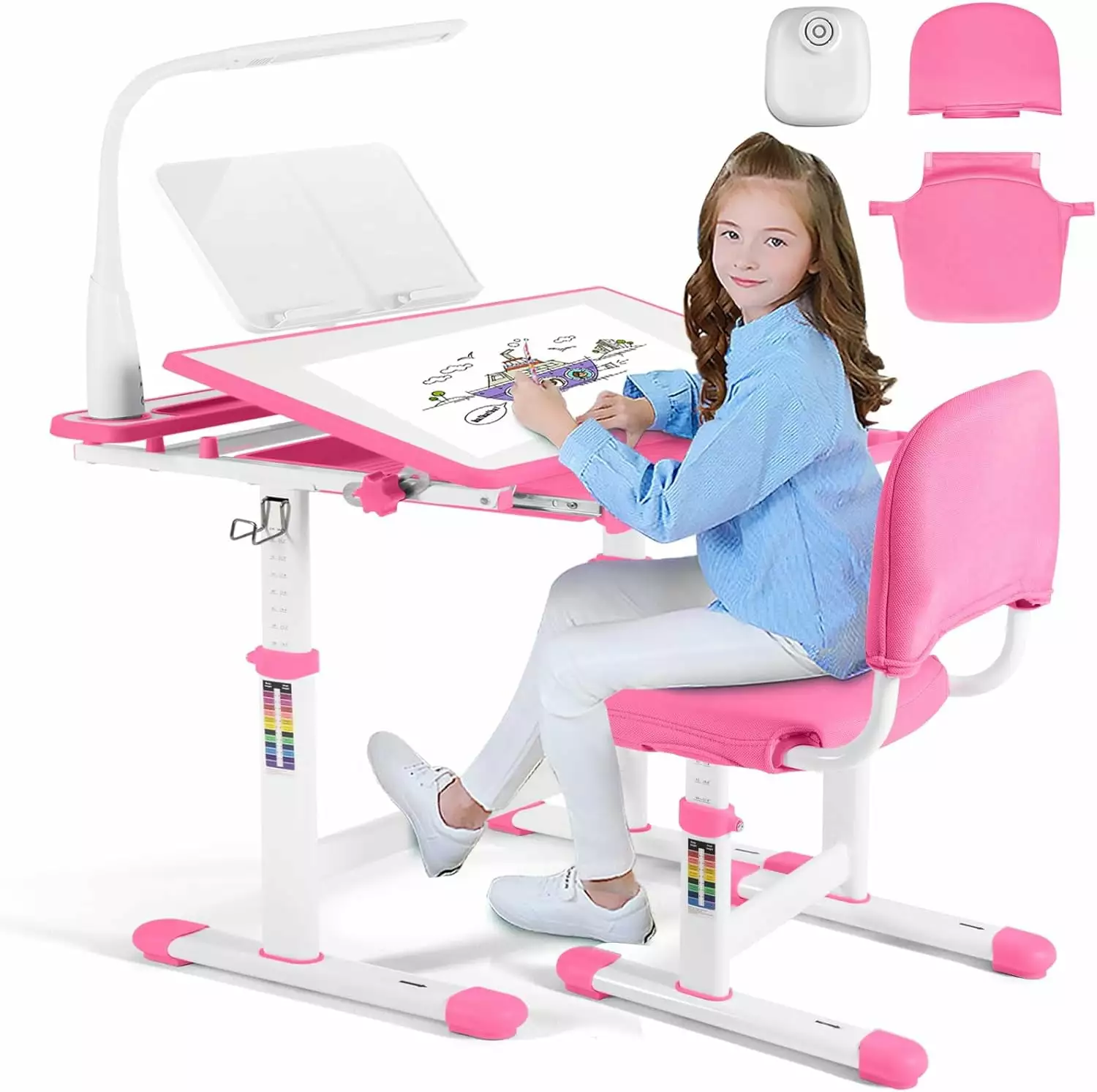 Artist Hand Kids Study Desk and Chair Set Height Adjustable Children Table Large Writing Board Desk with LED Lamp. Pull Out Drawer. Bookstand (Pink)