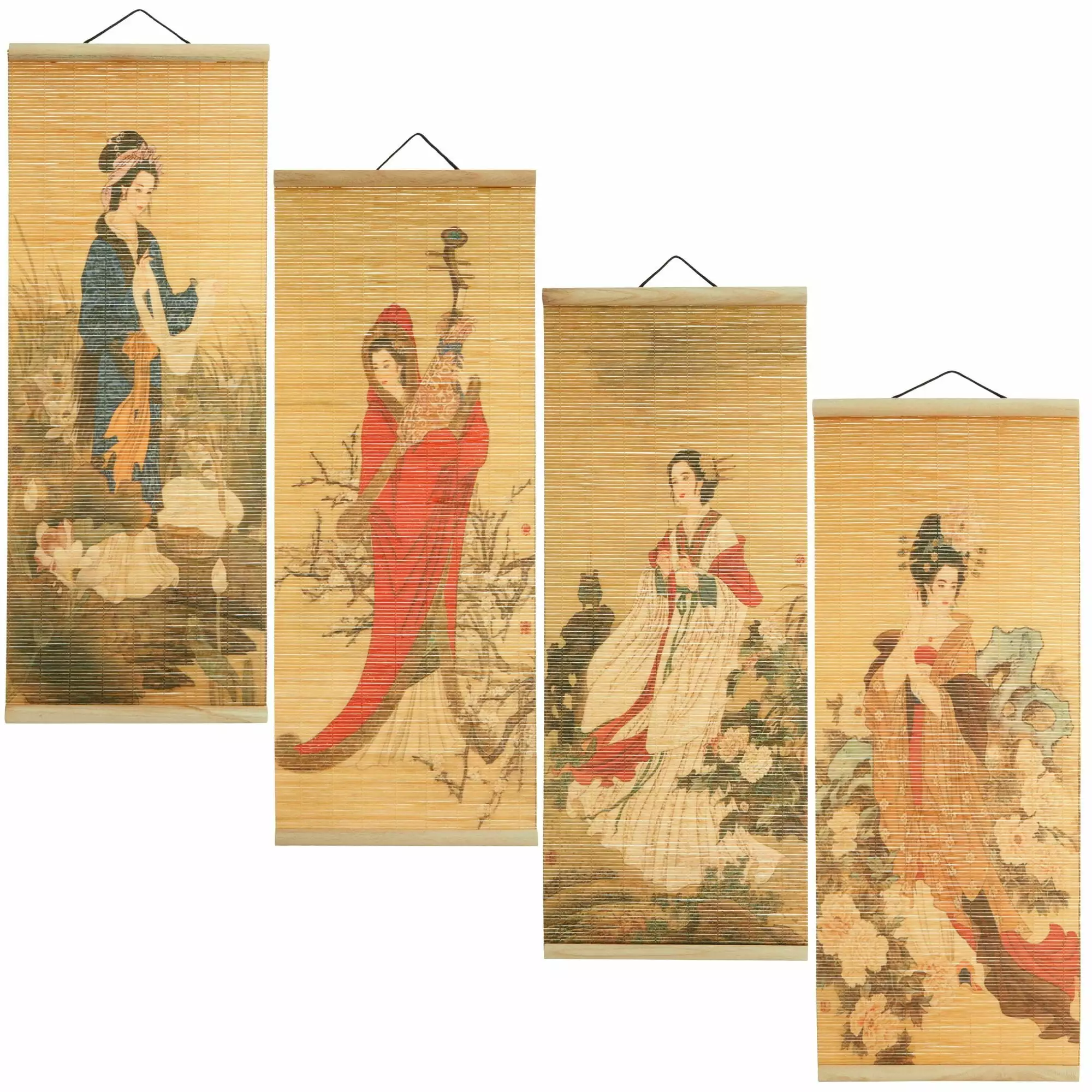 Asian Wall Decor. 4 Pack Hanging Bamboo Scrolls. Chinese Paintings (10x26 in)