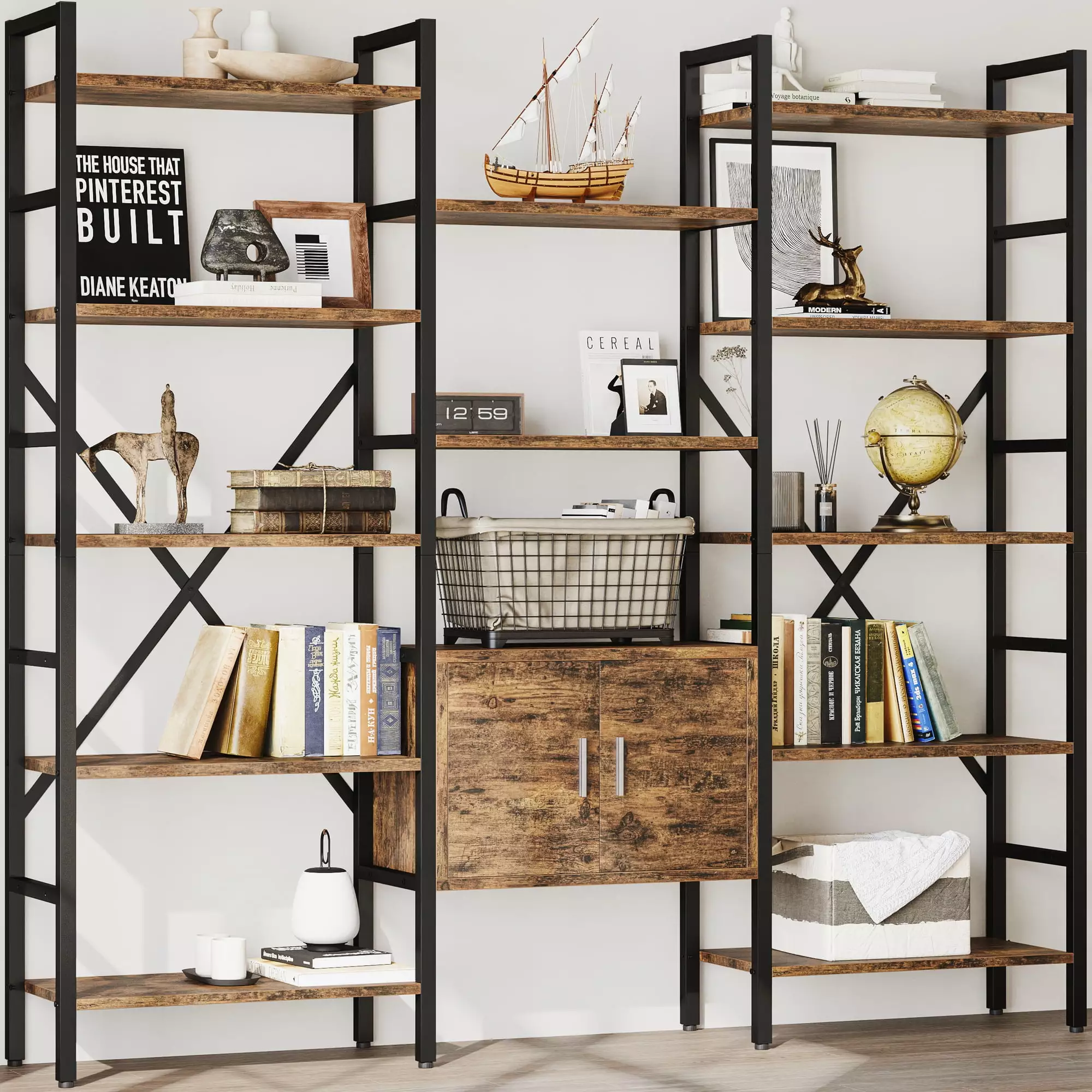 Astimey 5 Tier Bookcase BookShelf with Storage Cabinet. Tall Bookshelf with 12 Open Display Shelves for Living Room Bedroom Home Office Rustic Brown 69.3L x 70H