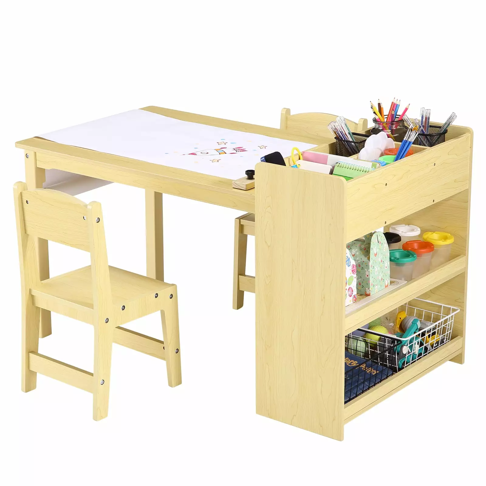 Ataucjin Kids Art Table and 2 Chairs. Craft Table with Large Storage Shelves.Toddler Wooden Drawing Desk Activity & Crafts Children's Wooden Furniture for Classroom Daycares.Home