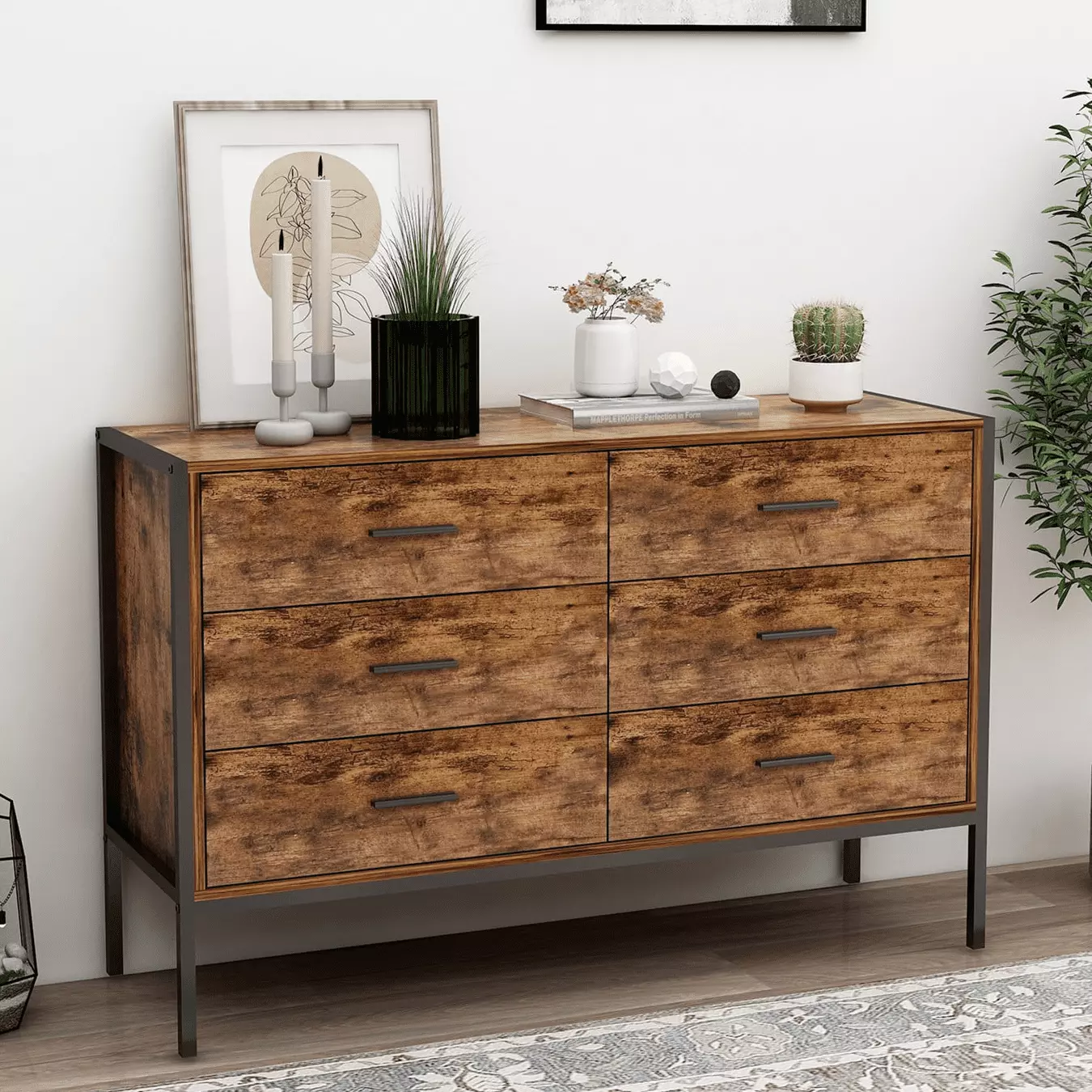 Aukfa 48.4 W Wood 6 Drawer Dresser. Chest of Drawer with Anti-fall Device. Brown